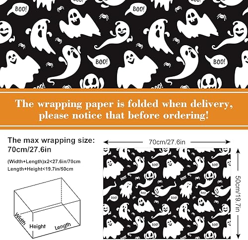 Miniatura 2 de AnyDesign 12 hojas de papel de regalo de Halloween, papel de embalaje de telaraña de fantasma, calabaza y fantasma, papel de embalaje plegado plano