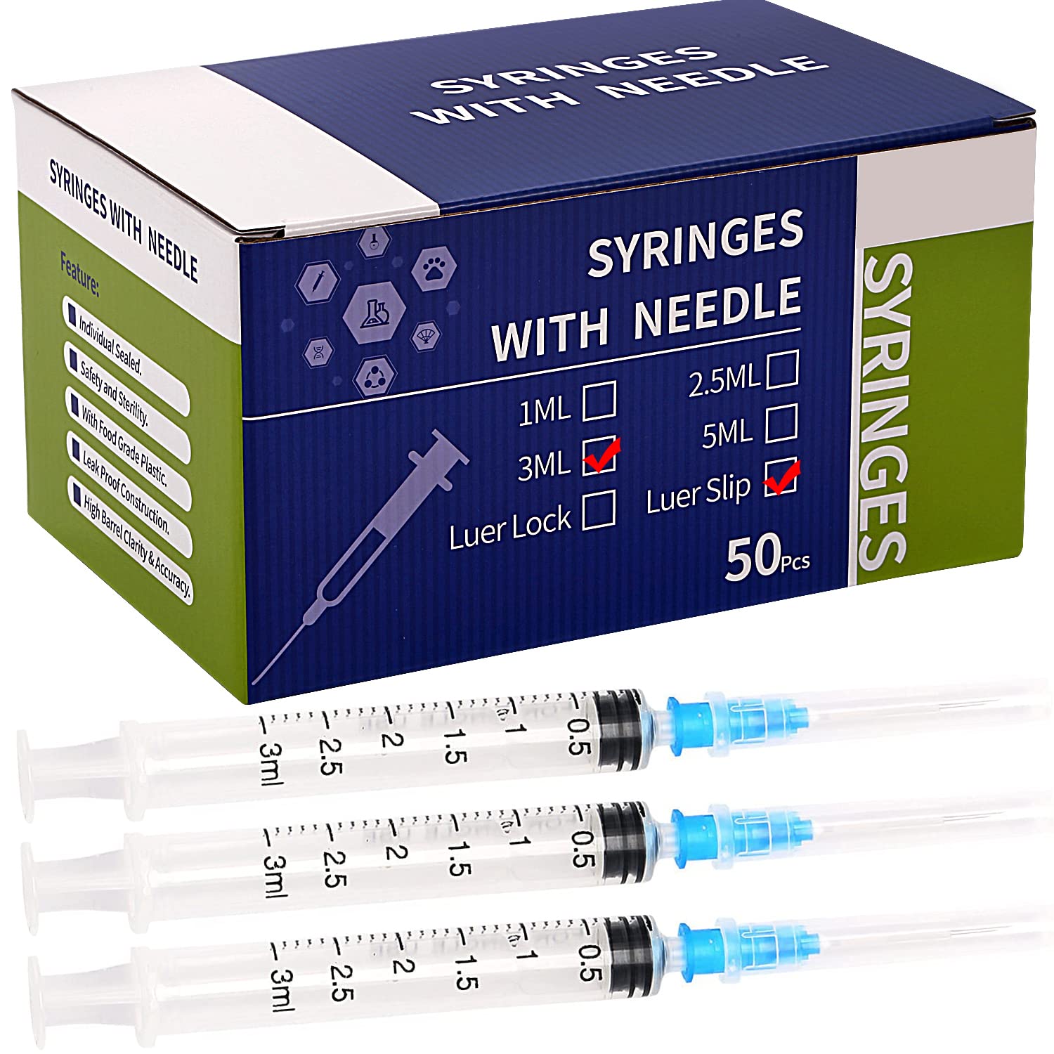 50Pack 3cc/ml Syringe with 23Ga1.0Inch Needle,Luer Slip Syringes Individual Package