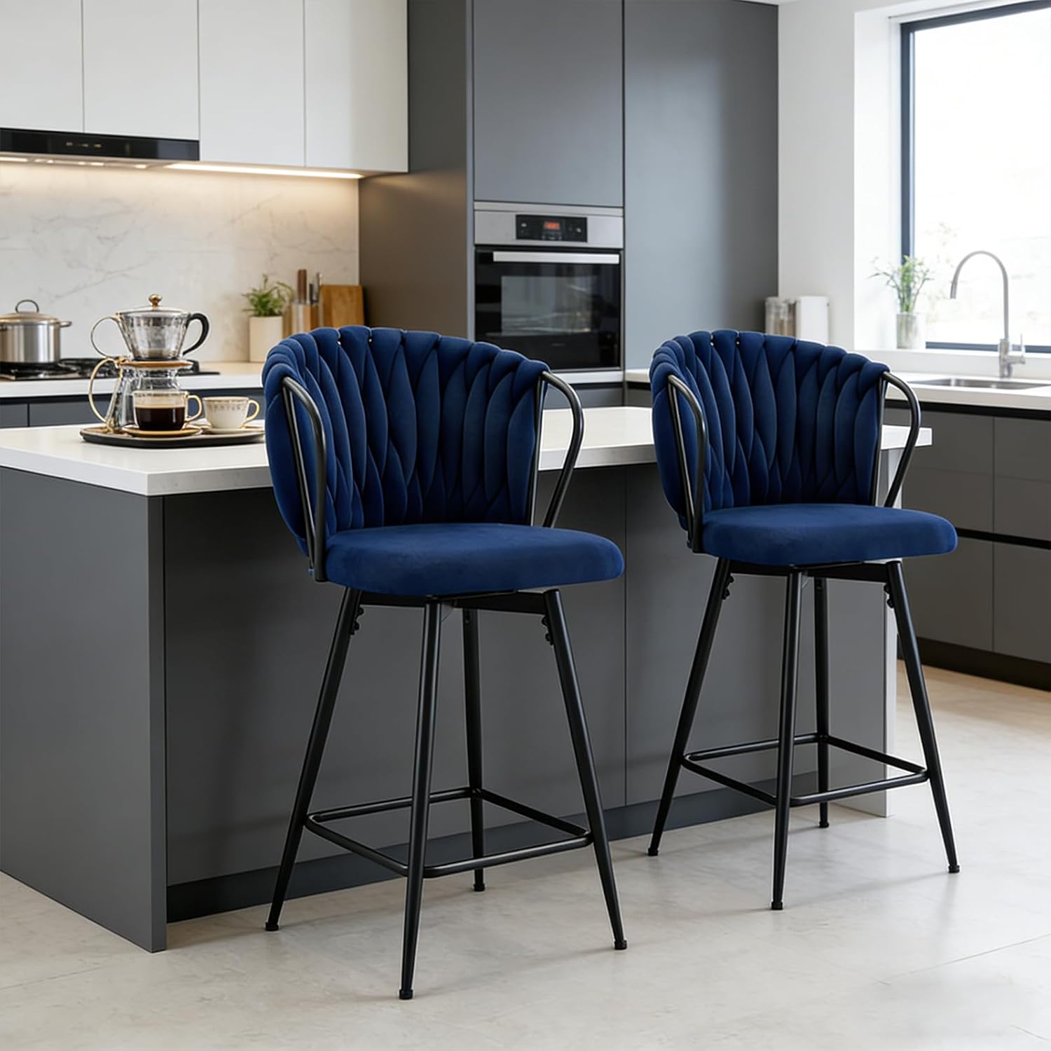 mikibama Velvet Woven Bar Stools Set of 2 Blue,Kitchen Island Stools w/Metal Leg,360°Swivel Counter Height Stools with Comfortable Back for Dining Room,Pub.