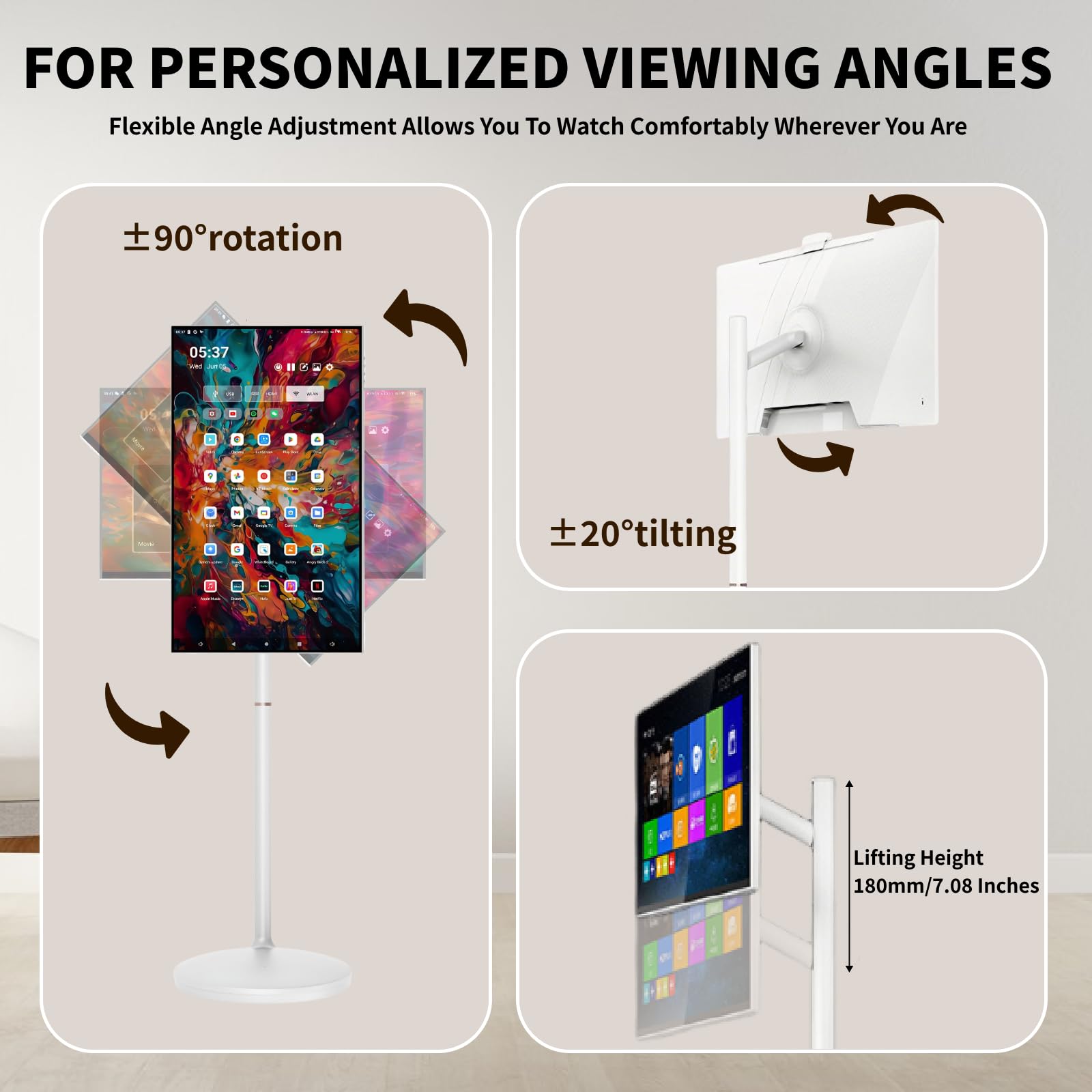 TV Touchscreen Senza Fili su Ruote 23,8"/32", Batteria 10000/15000mah, Touch, Proiezione Wireless, Inclinazione 20° E Regolazione Altezza, Fotocamera 13 MP Integrata E Microfono 23.8"