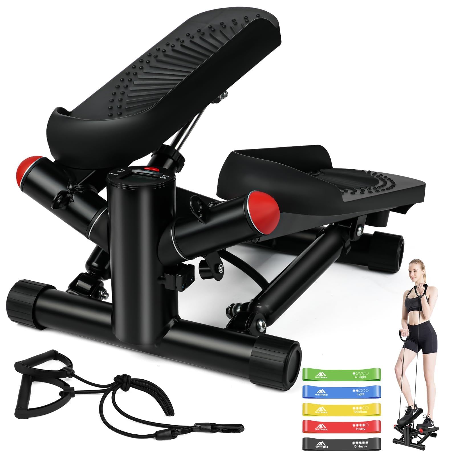 Flintronic Swing Stepper, mini stepper 2 w 1, stepper do góry w dół, stepper z paskami treningowymi i wyświetlaczem LCD, Stepper Fitness do treningu fitness Cardio nogi brzuch biodra, dom siłownia
