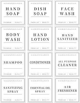 12 PCS Waterproof Glass/Plastic Bottle Labels - Farmhouse Bathroom/Kitchen Hand Soap Dispenser Label Stickers, Removable Cleaning Labels for Lotion, Shampoo and Conditioner