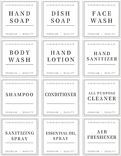 12 PCS Waterproof Glass/Plastic Bottle Labels - Farmhouse Bathroom/Kitchen Hand Soap Dispenser Label Stickers, Removable Cleaning Labels for Lotion, Shampoo and Conditioner