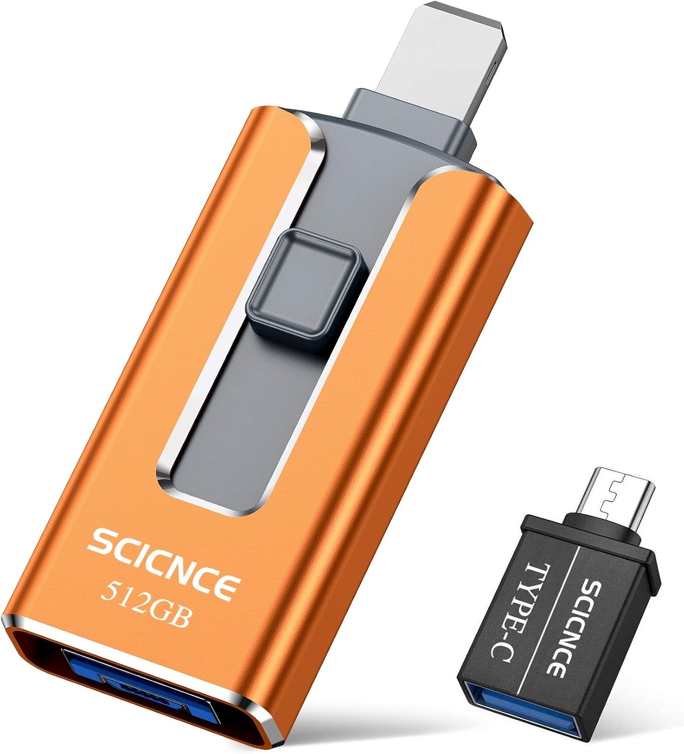 USB3.0 Flash Drives 512GB, SCICNCE Memory Drive 512GB Photo Stick Compatible with Mobile Phone & Computers, Mobile Phone External Expandable Memory Storage Drive, Take More Photos & Videos (Orange)