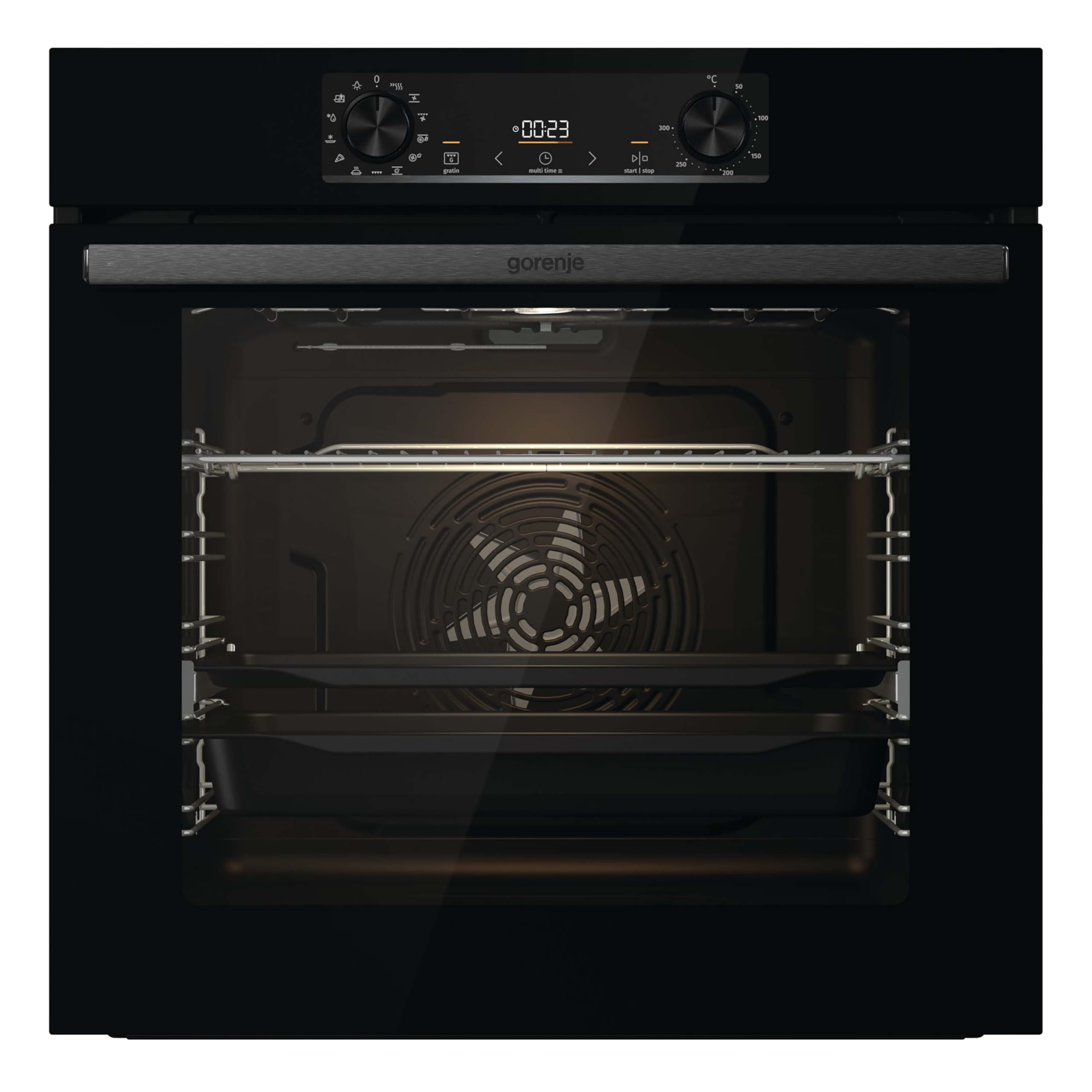 Gorenje 738415 OptiBake BOS 6737 E13BG Einbau-Backofen / 77L / Heißluft/ExtraSteam/GentleClose & Open/Bratenthermometer/AirFry/Pizzamode 300°C/PerfectGrill/ChildLook/Teleskopauszüge/schwarz