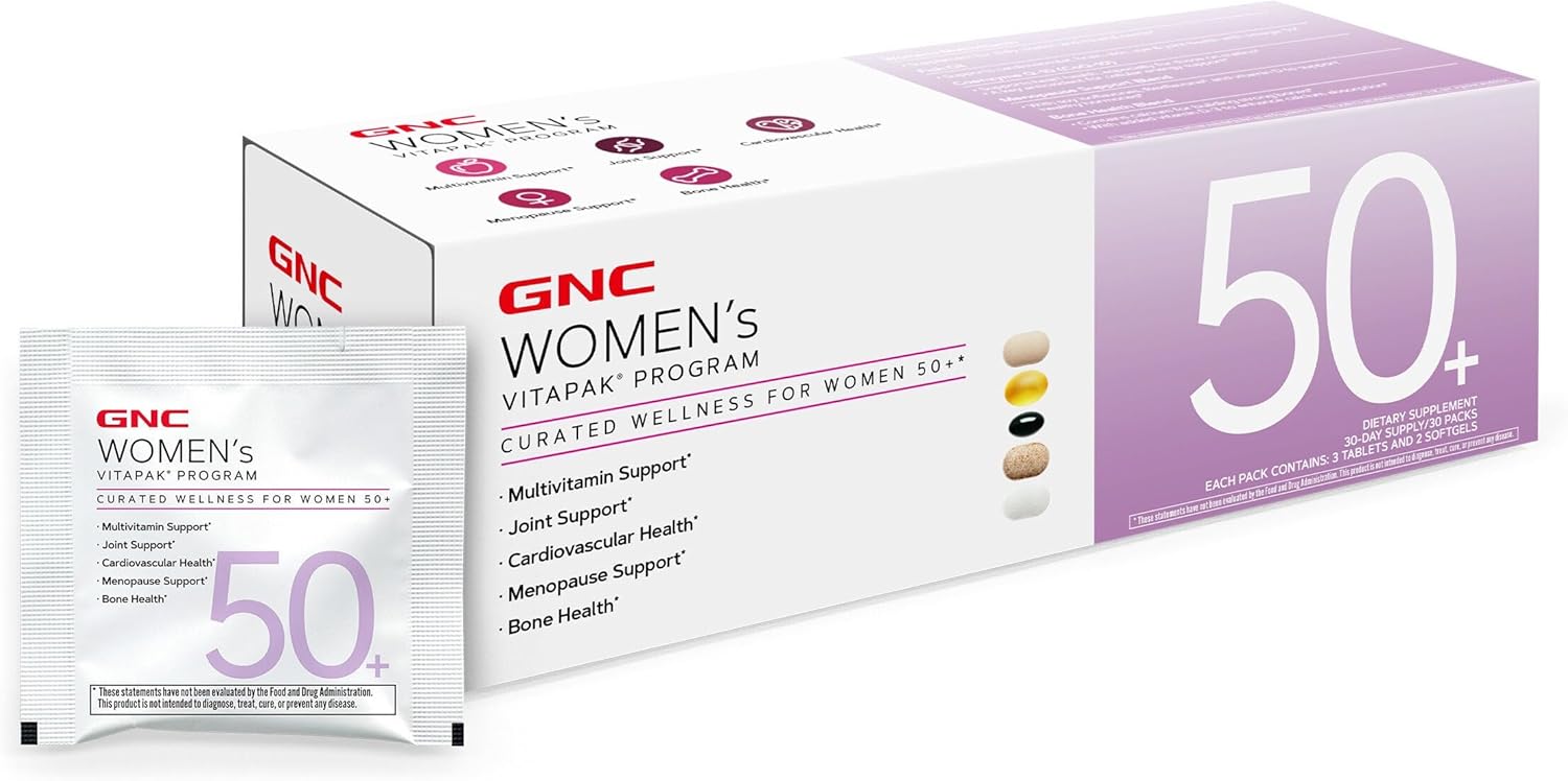 GNC Women’s 50+ Vitapak, 5-in-1 Multivitamin Pack, Healthy Hormones, Brain Health, Metabolism, Bone Strength, Edible Dietary Supplement, 30 Servings