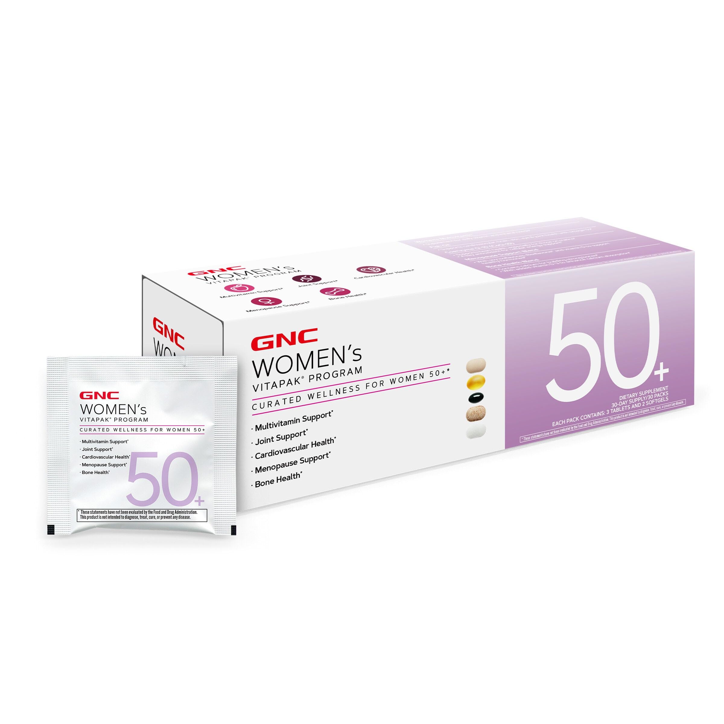 GNC Women's 50+ Vitapak, 5-in-1 Multivitamin Pack, 30 Servings | Supports Healthy Hormones with Soy Isoflavones, Energy and Immunity with Iron, Biotin, and Zinc, Plus CoQ10 for Heart Health