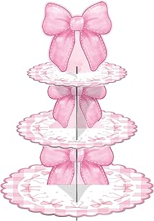 Pink Bow Birthday Decorations Cupcake Stand, 3 Tier Bow Themed Cardboard Cupcake Display Stand Dessert Tower, Pink Baby Shower Birthday Party Supplies