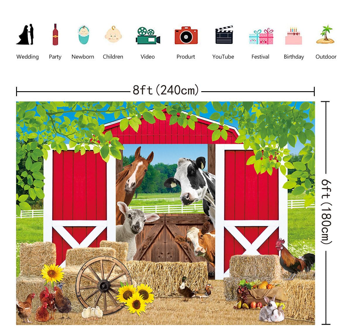 Toile de fond rouge de 2,4 x 1,8 m - Motif ferme - Animaux rustiques - Herbe verte - Décoration de fête