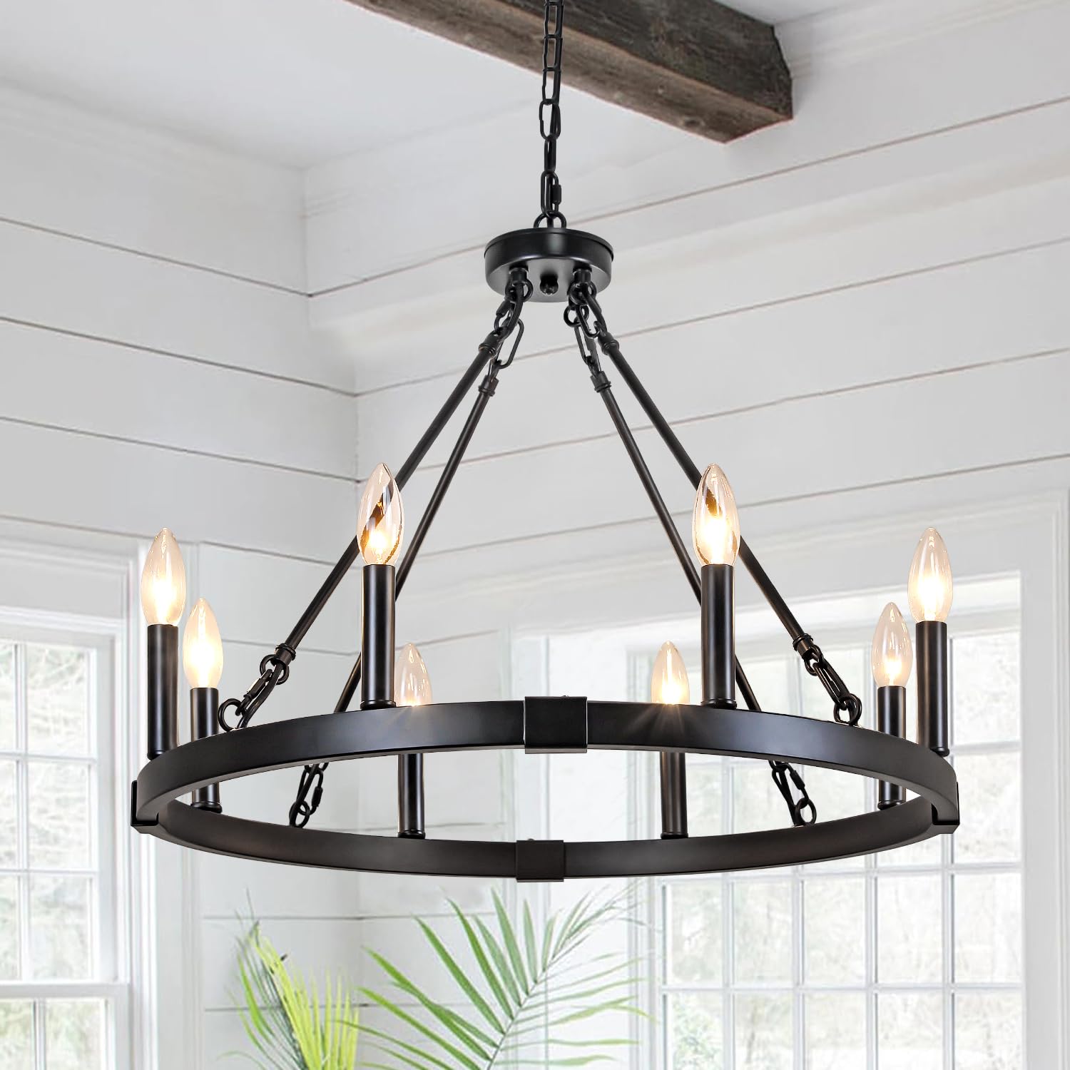 8 Light Wagon Wheel Chandelier, 23.6" Rustic Farmhouse Chandelier, Industrial Vintage Round Pendant Lighting for Dining Room Kitchen Living Room Foyer, E12 Socket