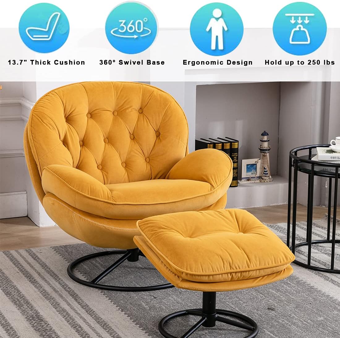 Velvet Swivel Accent Chair with Ottoman Set, Modern Lounge Chair with Footrest, Comfy Armchair with 360 Degree Swiveling for Living Room, Bedroom, Reading Room, Home Office, Metal Base Frame (Yellow) : Home & Kitchen