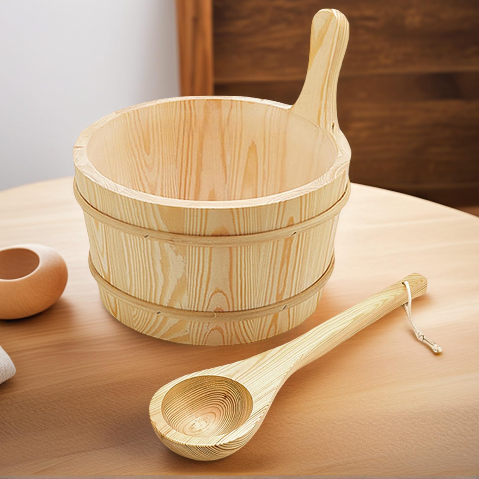 Sauna-Eimer und Schöpflöffel-Set, 4 l, Sauna-Set, Holz-Sauna-Wasserschaufel, auslaufsicher, Duschzubehör, Bad-Werkzeuge für Hinterhof, Outdoor, Badezimmer, Dampfbaden, Garten, Wohnung, Hotel, Haus