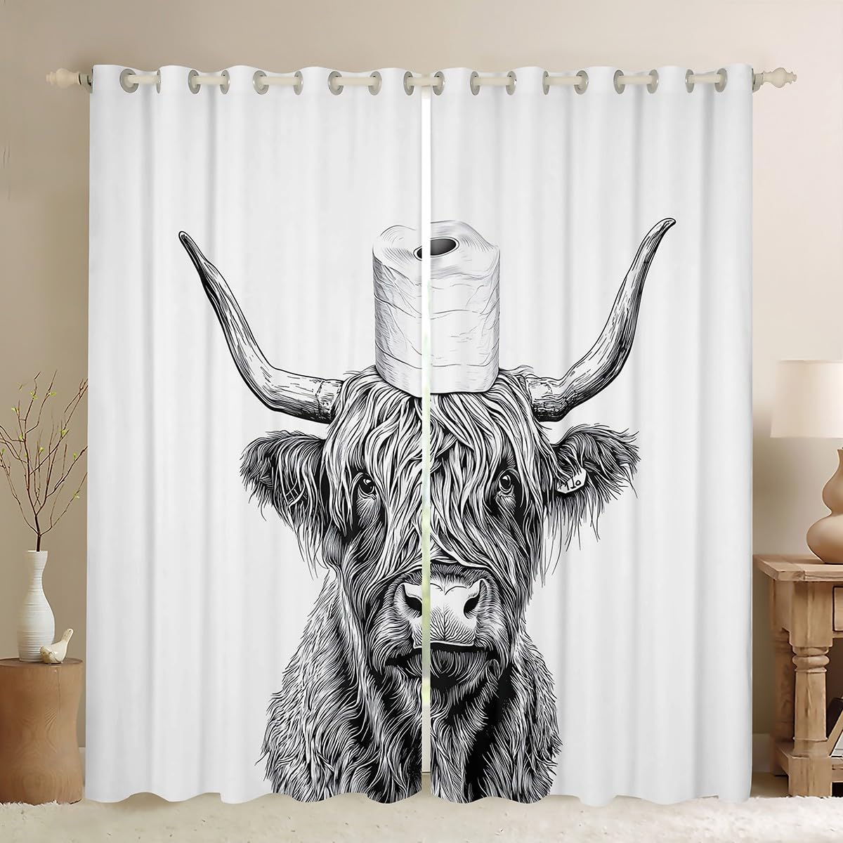 Manfei Highland Cattle Window Curtain Set of 2 Panels,Rustic Farmhouse Animal Hand Drawn Window Drapes,Funny Bathroom Retro White Gray Curtains for Kids Adults Bedroom Decor,52Wx63L