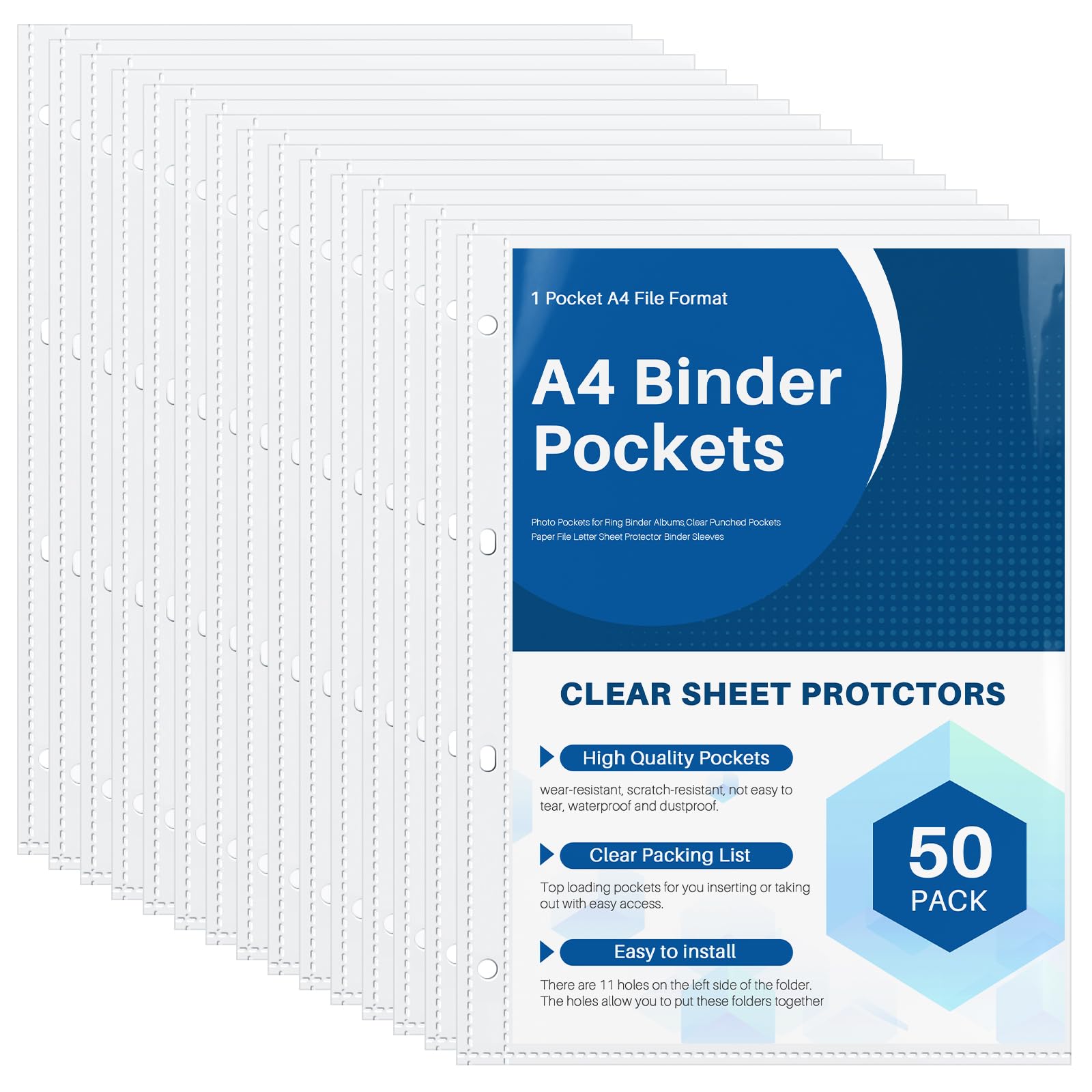 WenYa 50-Pack A4 Sheet Protector Sleeves for 2/4 Ring Binders, Clear Double-Sided Punched Pockets, Holds 2 Pages - Protects Documents, Reports, Recipes, Photos, Refill Pages (Up to 100 Sheets)