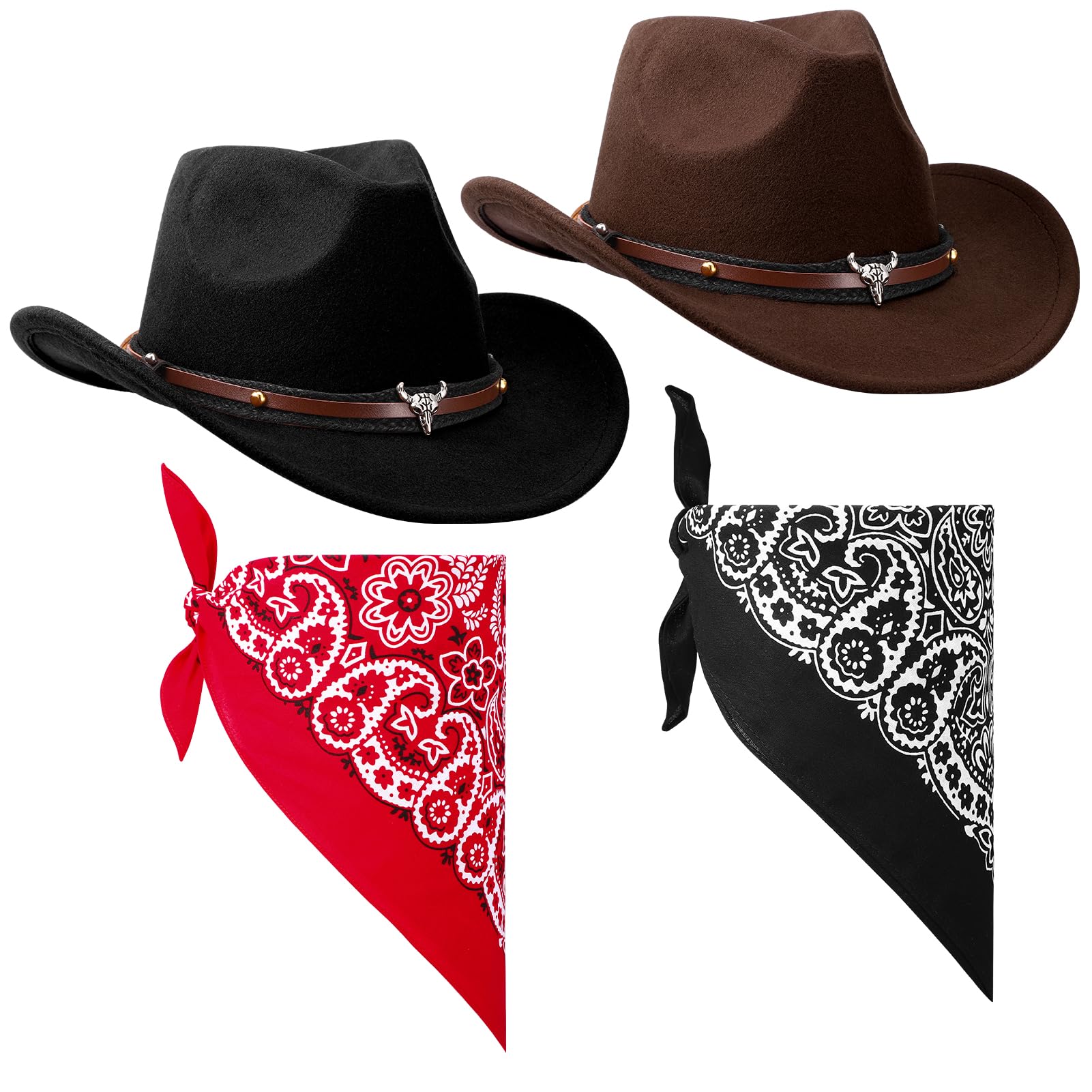 ViEinkaufen 2Pcs Cowboy Hats Black Brown, Cowboy Hat Western Hat Set Fancy Dress Party Accessory for Women Men Halloween Birthday Cosplay Party (Black+Brown 5#)