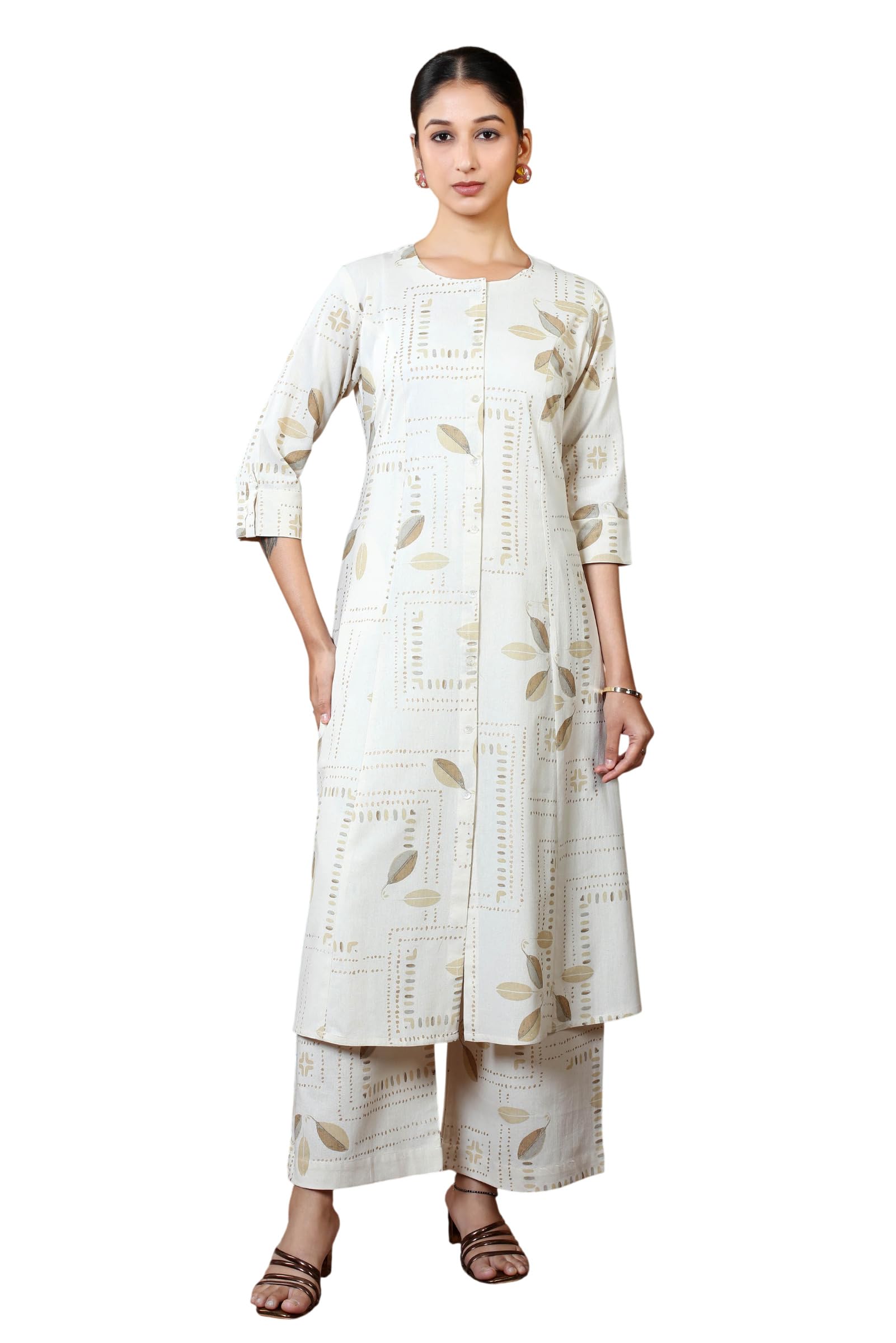 Off White Pure Cotton Printed Straight Kurta Wide Leg Pants Co-Ord Set-image-2