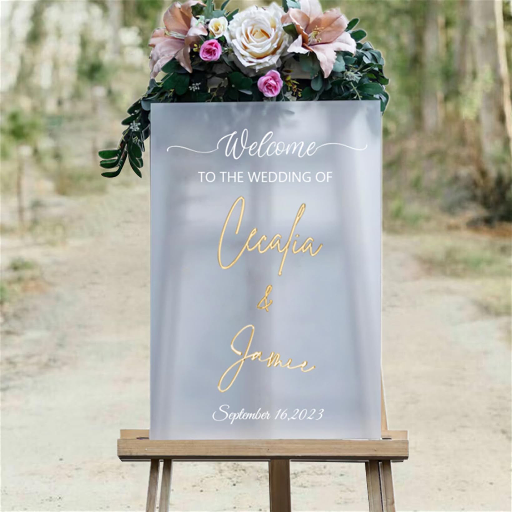 Panneau de bienvenue de mariage acrylique givré lisible et stable pour l'extérieur
