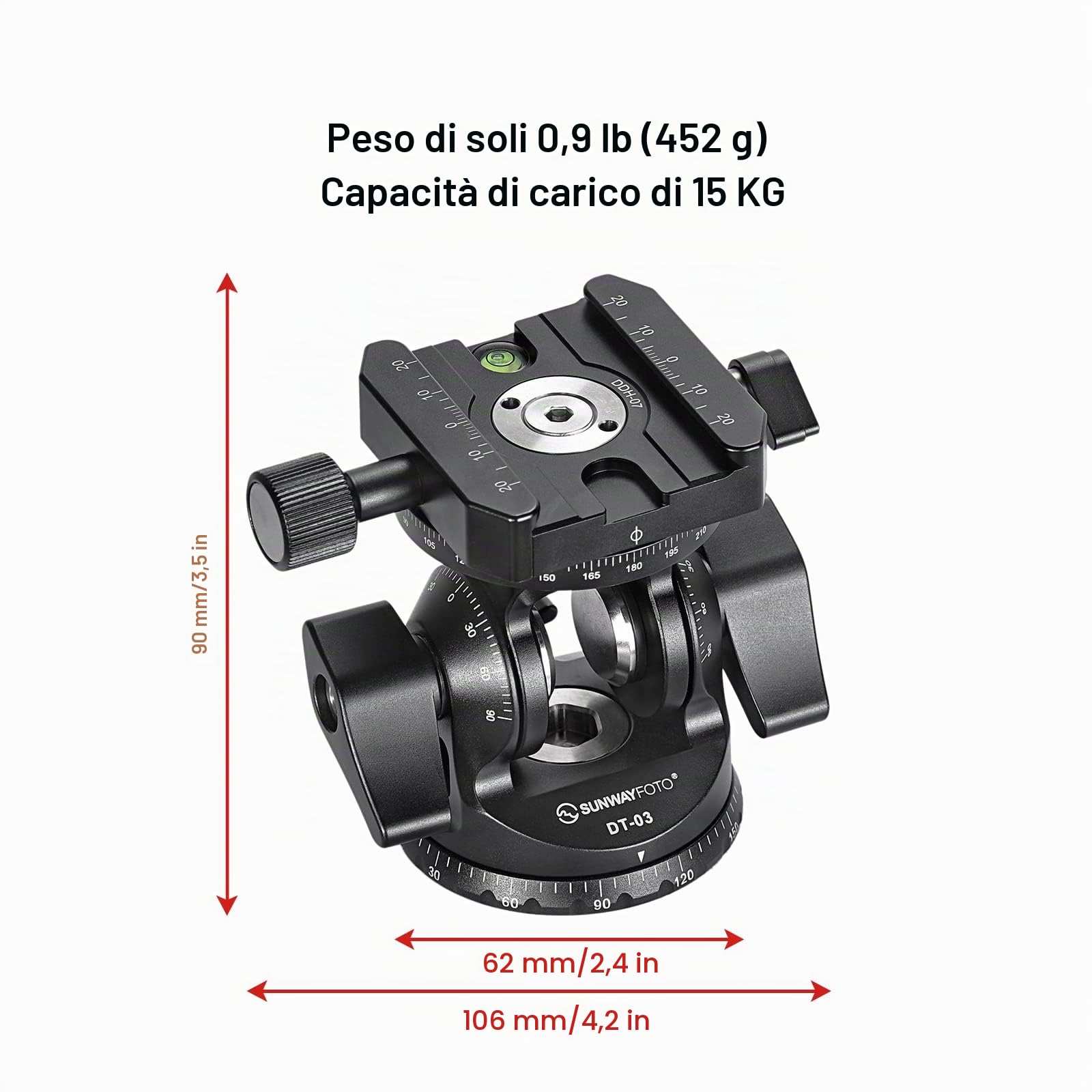 SUNWAYFOTO DT-03R - Testa inclinabile bidirezionale per monopiede e treppiede con morsetto di rotazione panoramica, capacità di carico 6,8 kg