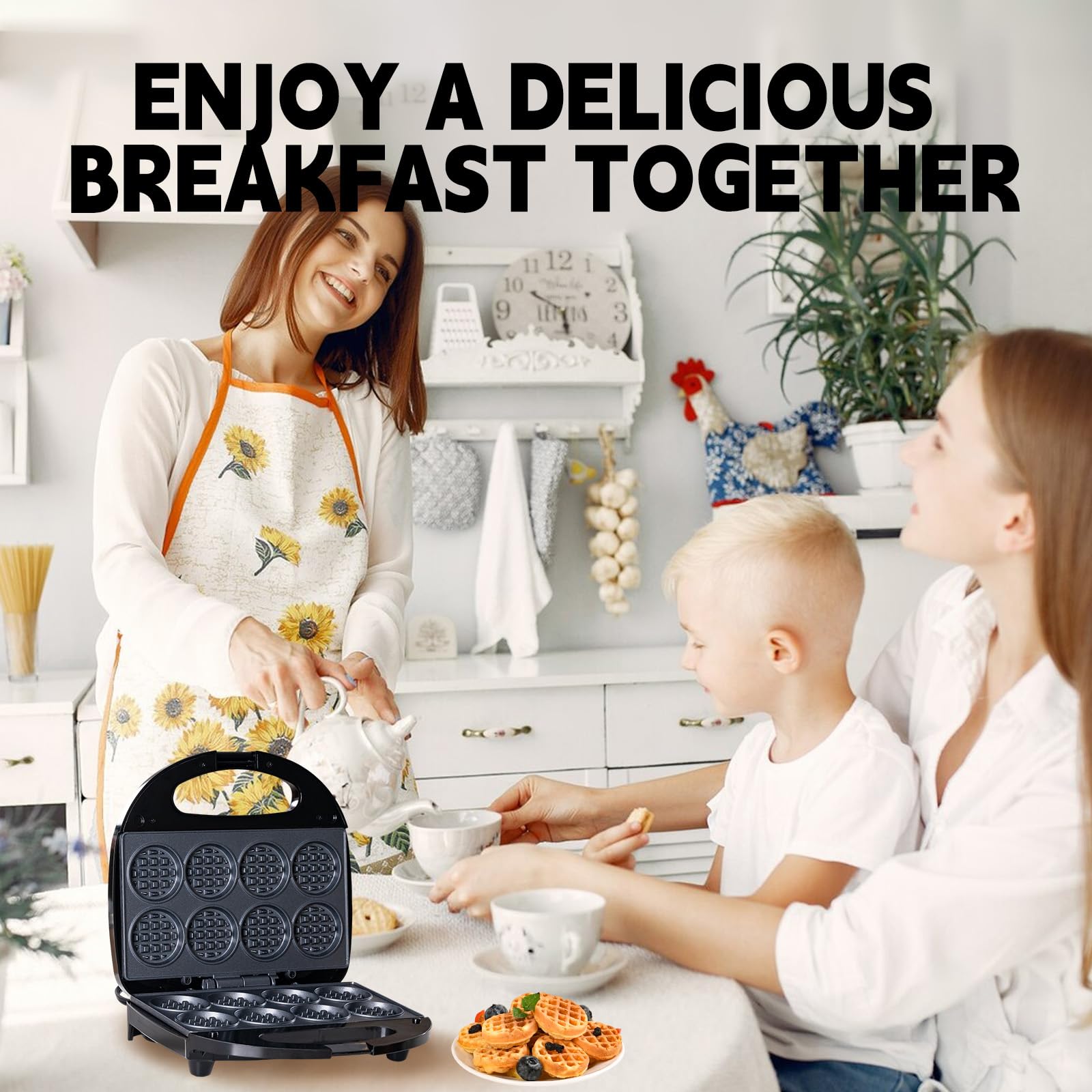 Mini waflera, máquina antiadherente pequeña para hacer gofres con calentamiento rápido, hace 8 waffles, waflera para niños, solo tienes que añadir la bata, adecuada para desayunos, aperitivos, postres 6