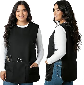 Sleeveless Hairdresser Server Smock Jacket for Work Kitchen Garden Art | Cobbler Apron with Side Release Buckle for Women Men, 4 Pockets Barber Apron Vest Fast Drying Polyester for Cleaning Painting