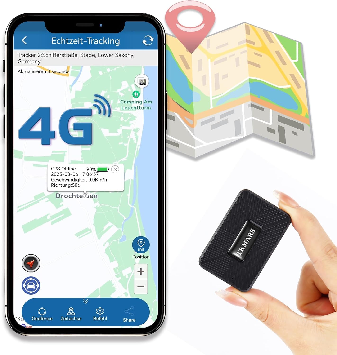 Tracker TK913 Mini GPS con Microfono, Senza Abbonamento, 1500mAh, Piccolo Localizzatore GPS Impermeabile Anti-Smarrimento, Posizionamento Reale, App Compatibile, per Moto/Camper/Barche