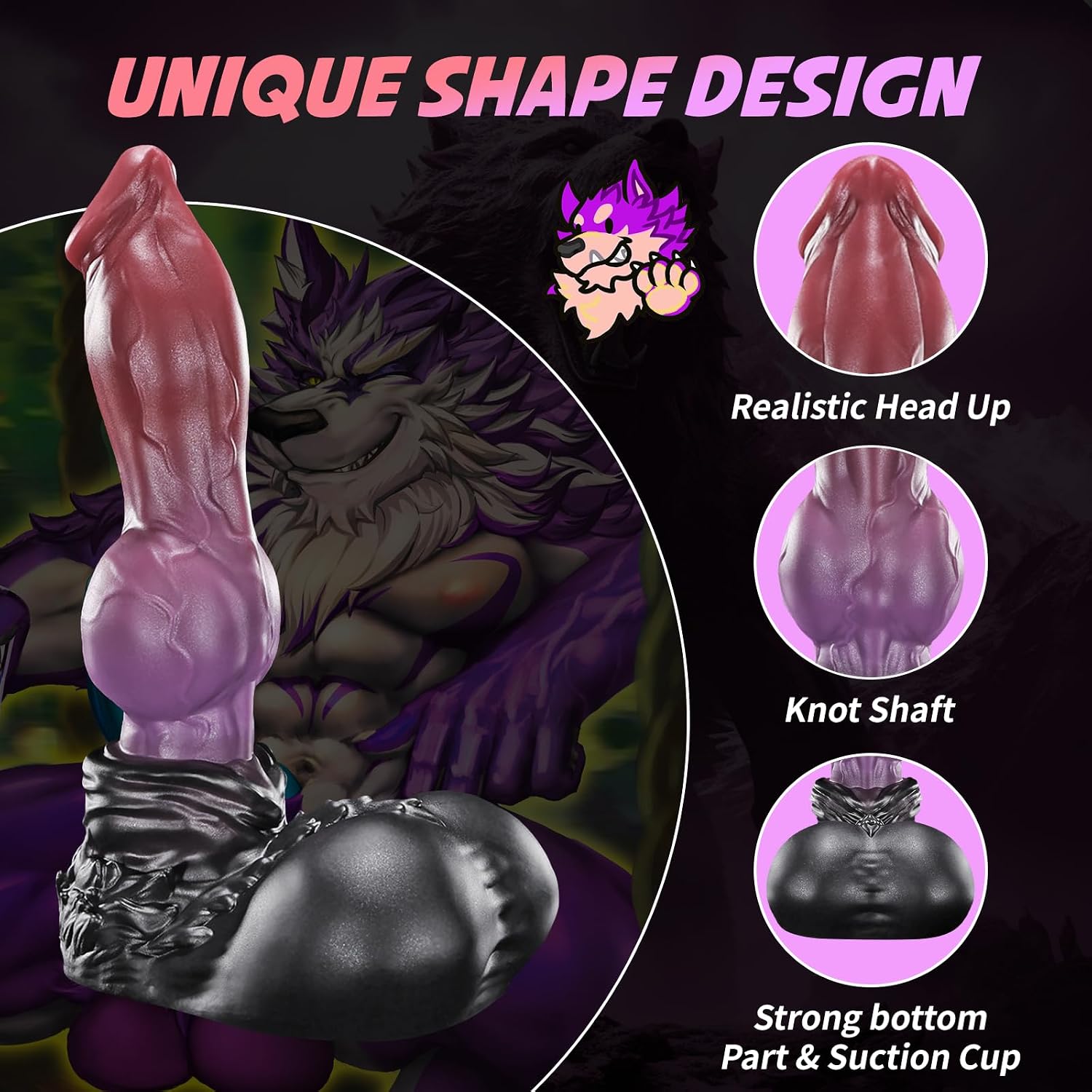 Nothosaur GRAEMEN 6.69 Inch Fantasy Wolf Dildo, Medium Firm Platinum Silicone Monster Toy with Knot Shaft, Textured Veins & Strong Suction Cup for G Spot, Prostate & Anal Play - Purplish Red