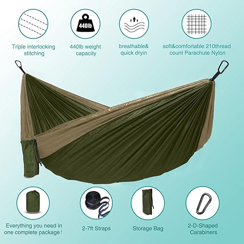 Miniatura 3 de Hamaca para campamento, hamacas portátiles individualesdobles para senderismo al aire libre, viajes, mochileros, hamaca de nailon 210D para patio
