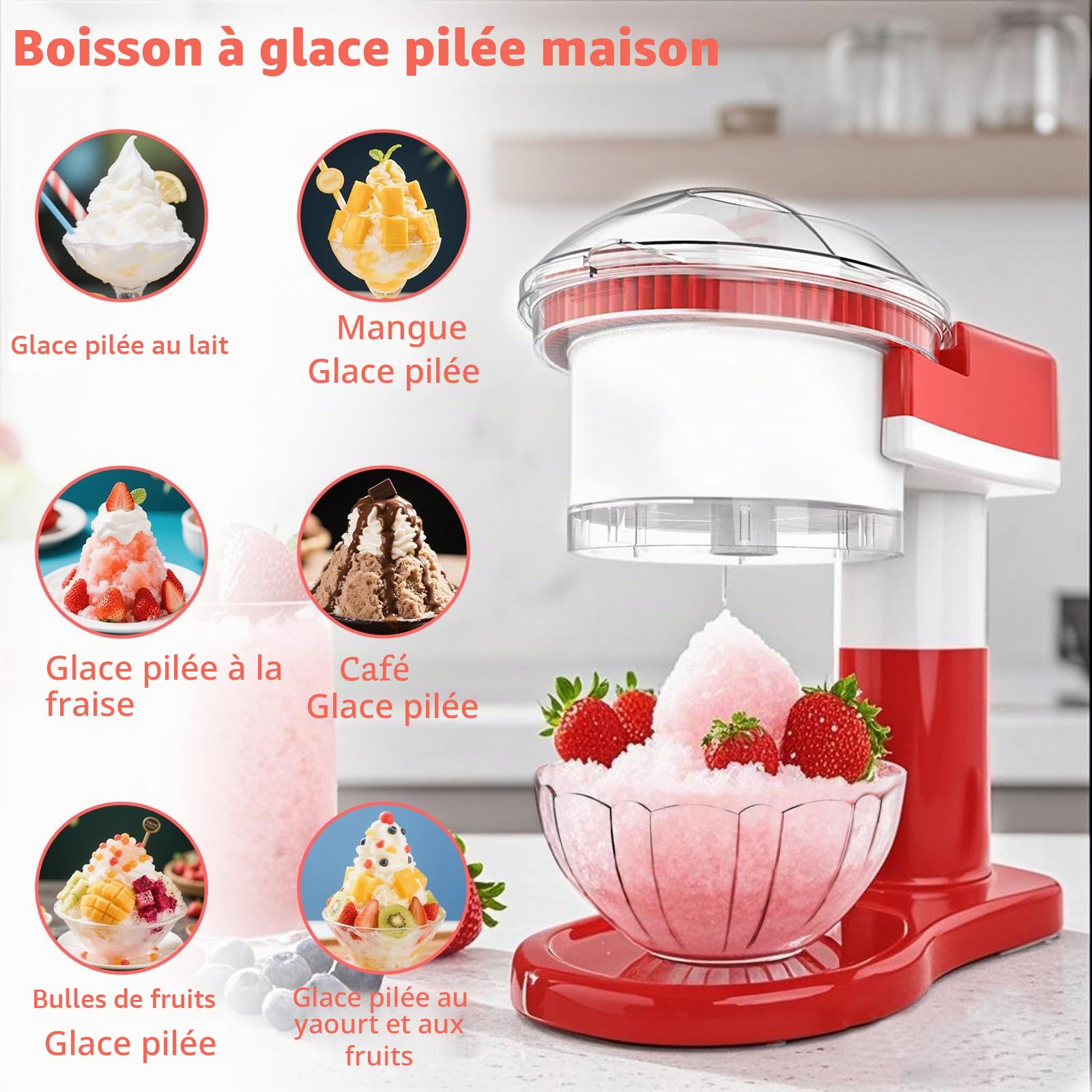 Broyeur à glace électrique, machine à granit avec lames en acier inoxydable amovibles et lavables, broyeur à glace électrique pour glace, granite, boules de neige et cocktail