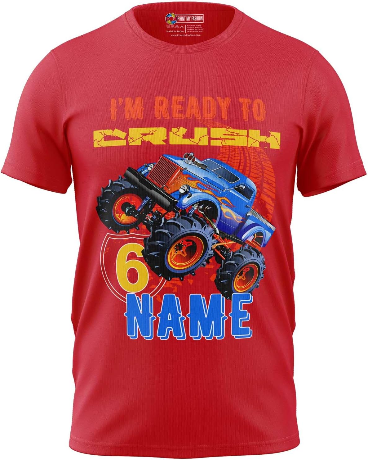 Print My FashionCustomized Personalized Birthday Boys T-Shirt Monster Truck Theme, Regular Fit Trendy & Comfortable, Name Age Printed Graphic Cotton t Shirt for Boys