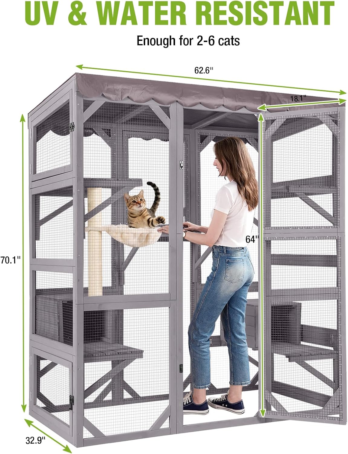 Large Outdoor Catio Cat Enclosure, Wooden Cat House with UV & Water Resistant Roof, Scratching Post & Hammock, Outside Cat Playpen for Multiple Cats, Grey
