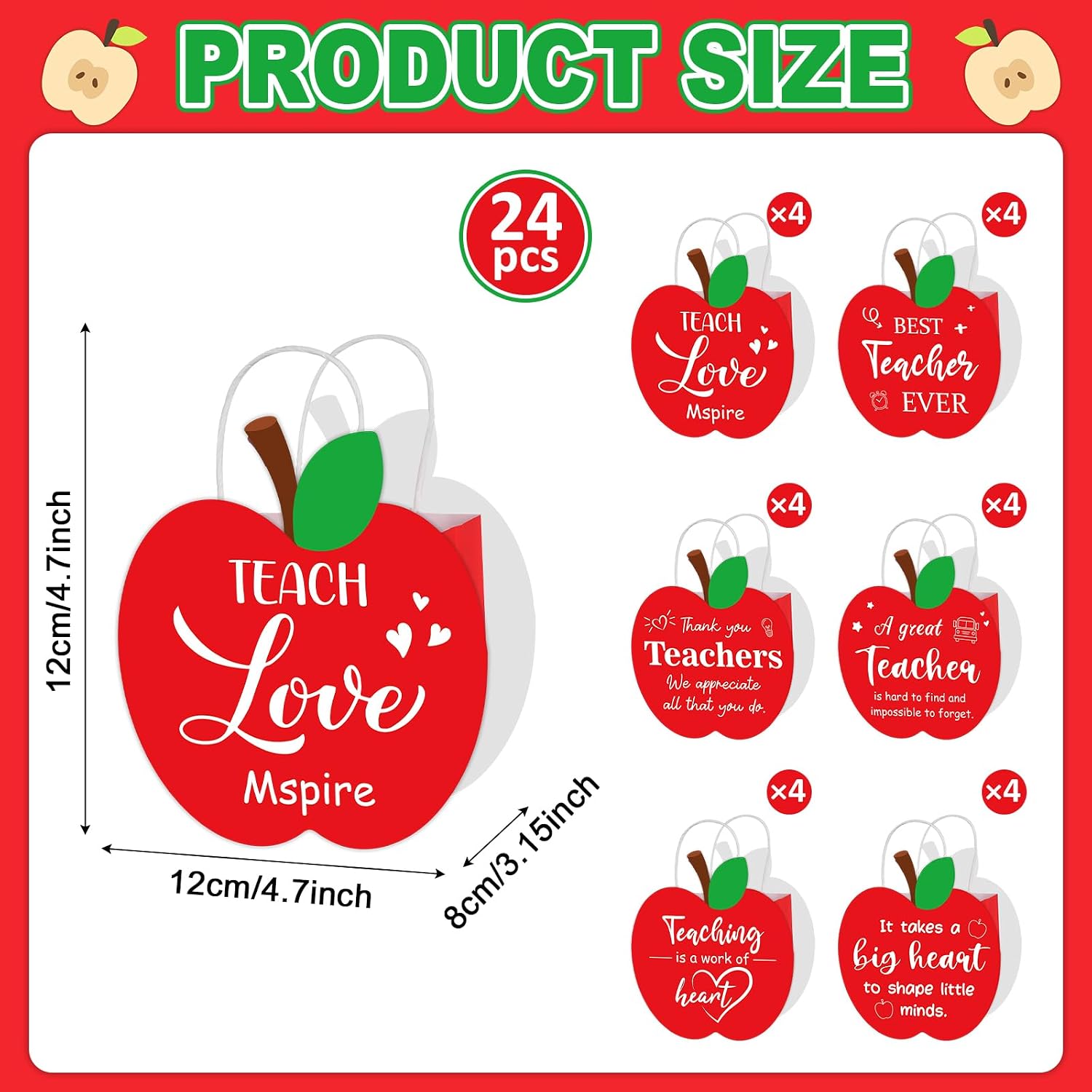 24Pcs Teacher Appreciation Gift Party Decoration Red Apple Favor Bag We Appreciate You Bags Thank You Teacher Apple Candy Treat Bag with Handle for Teachers’Day Back to School Party Supply 4.7×3.1×4.7 image 2
