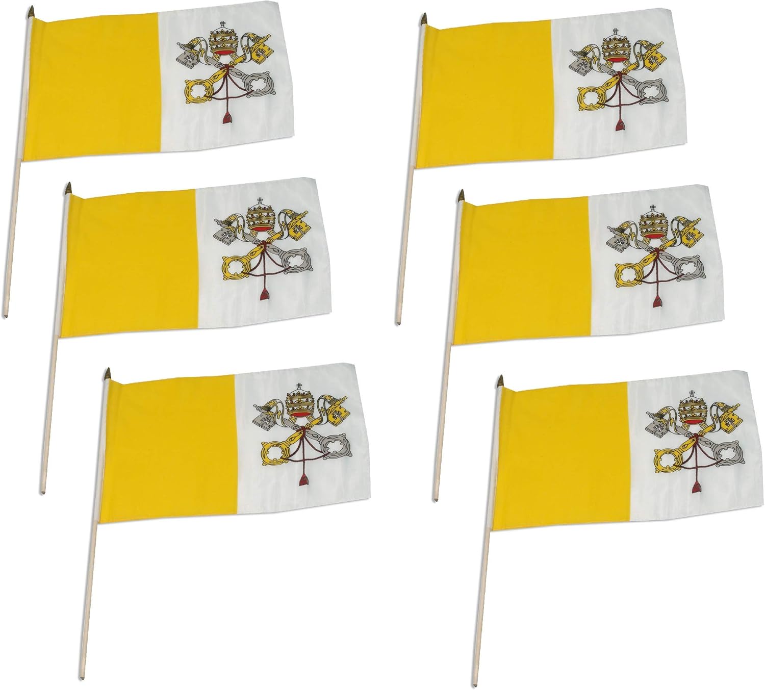 Pack of 6 Vatican City Stick Flags – 12"x18" Polyester Classroom Flags on 30" Wooden Staff, Vibrant Colors