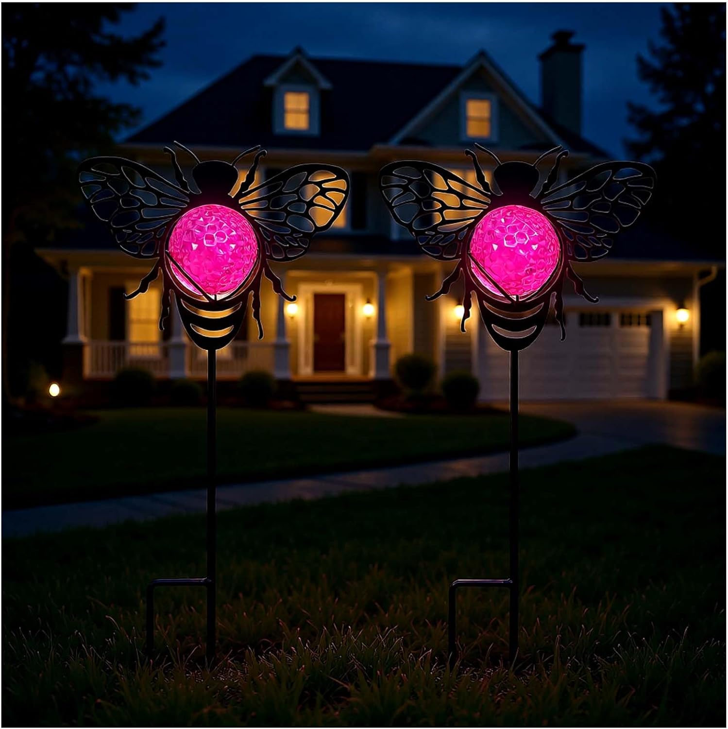 Bee Solar Lights Outdoor Decorations, 2 Pack Metal Iron Solar Stake Lights for Yard, Garden, Lawn Decor