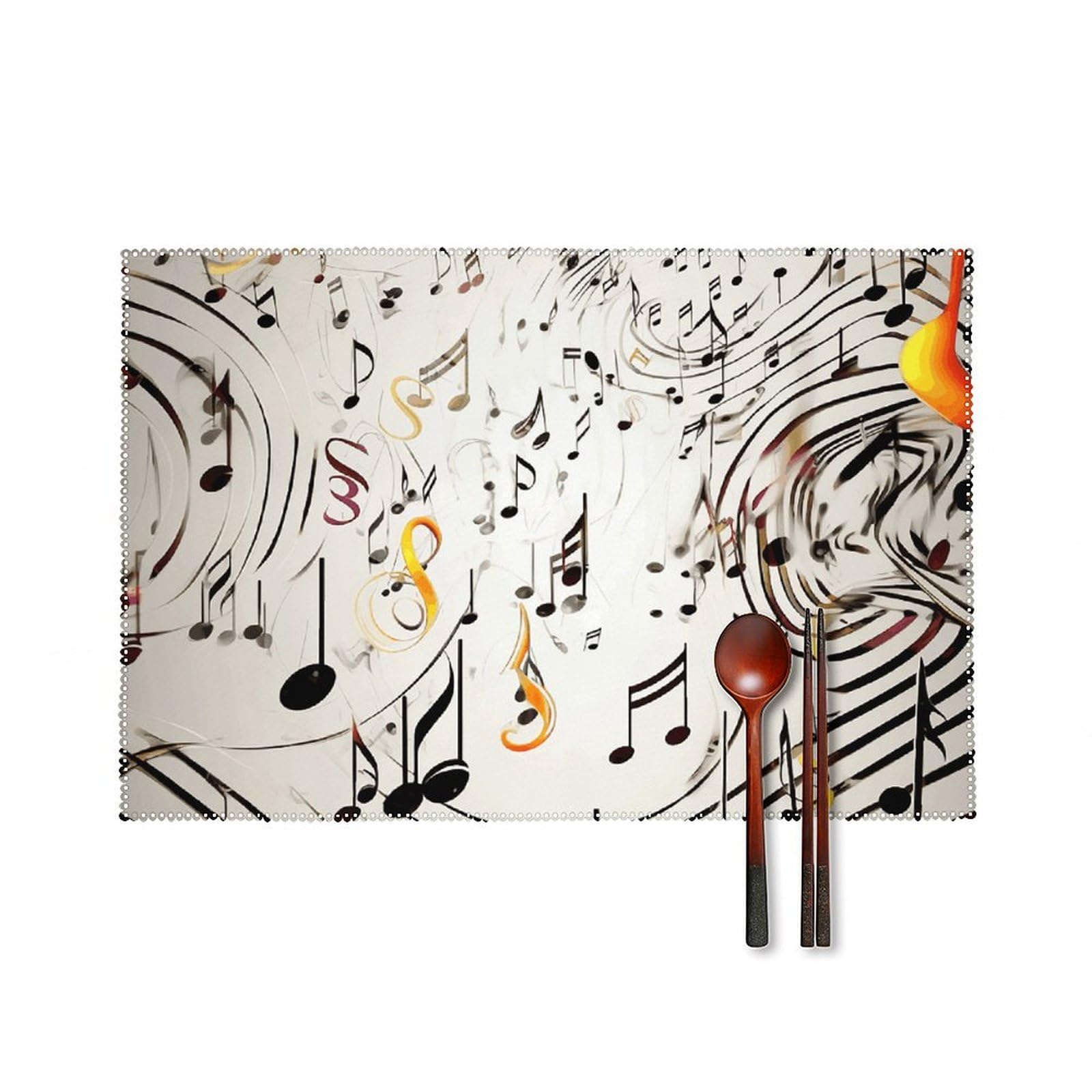 Music Notes Print Placemats Set of 6, 12x18 Inch Heat Resistant Washable Canvas Table Mats, Stain Resistant Decorative Dining Placemats for Kitchen, Restaurant, Outdoor Party