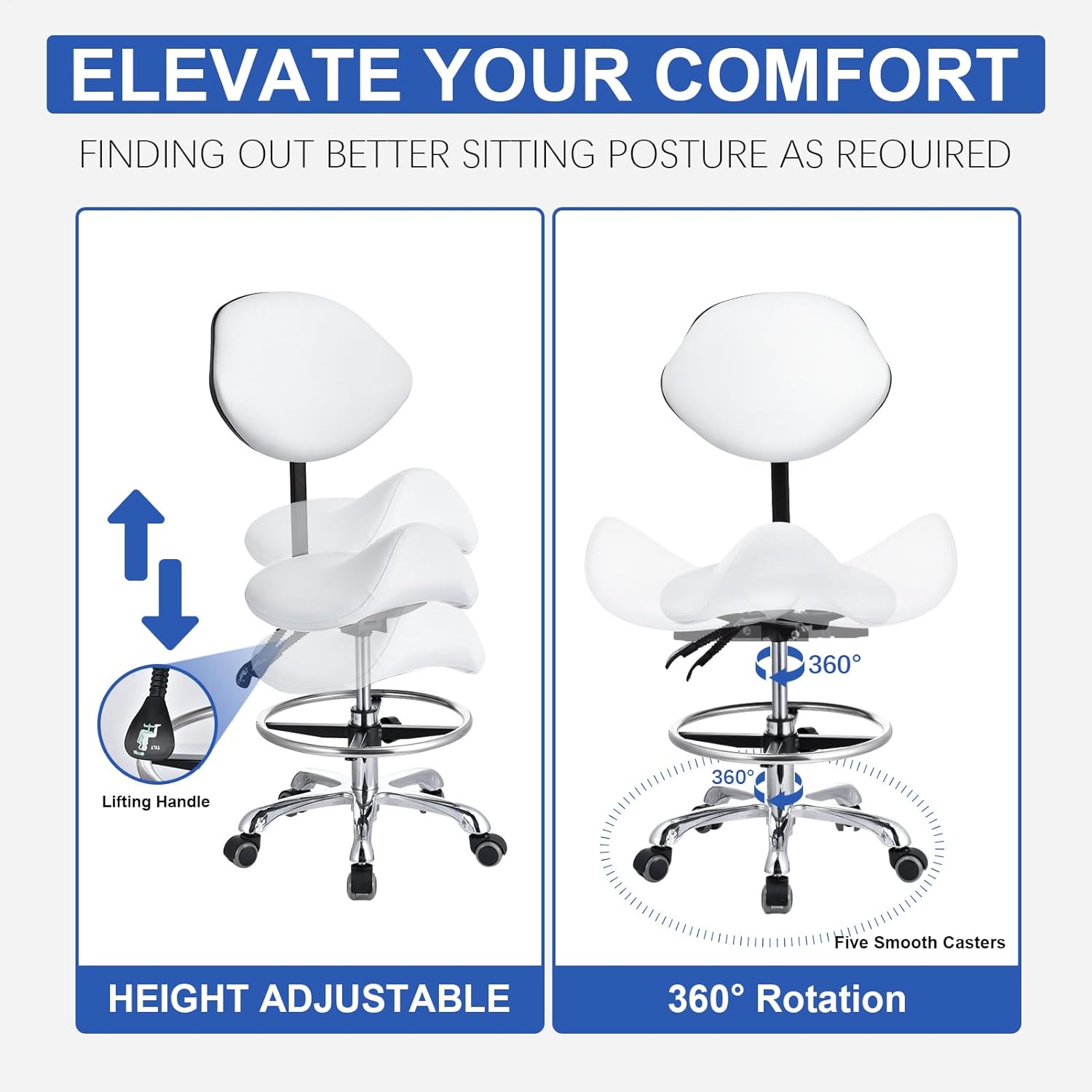 Saddle Stool with Adjustable Backrest and Footrest, Hydraulic Height Swivel Saddle Chair Ergonomic Rolling Stool with Wheels, Heavy Duty SaddleChair for Beauty Salon Spa Dentist tattooshop (White)