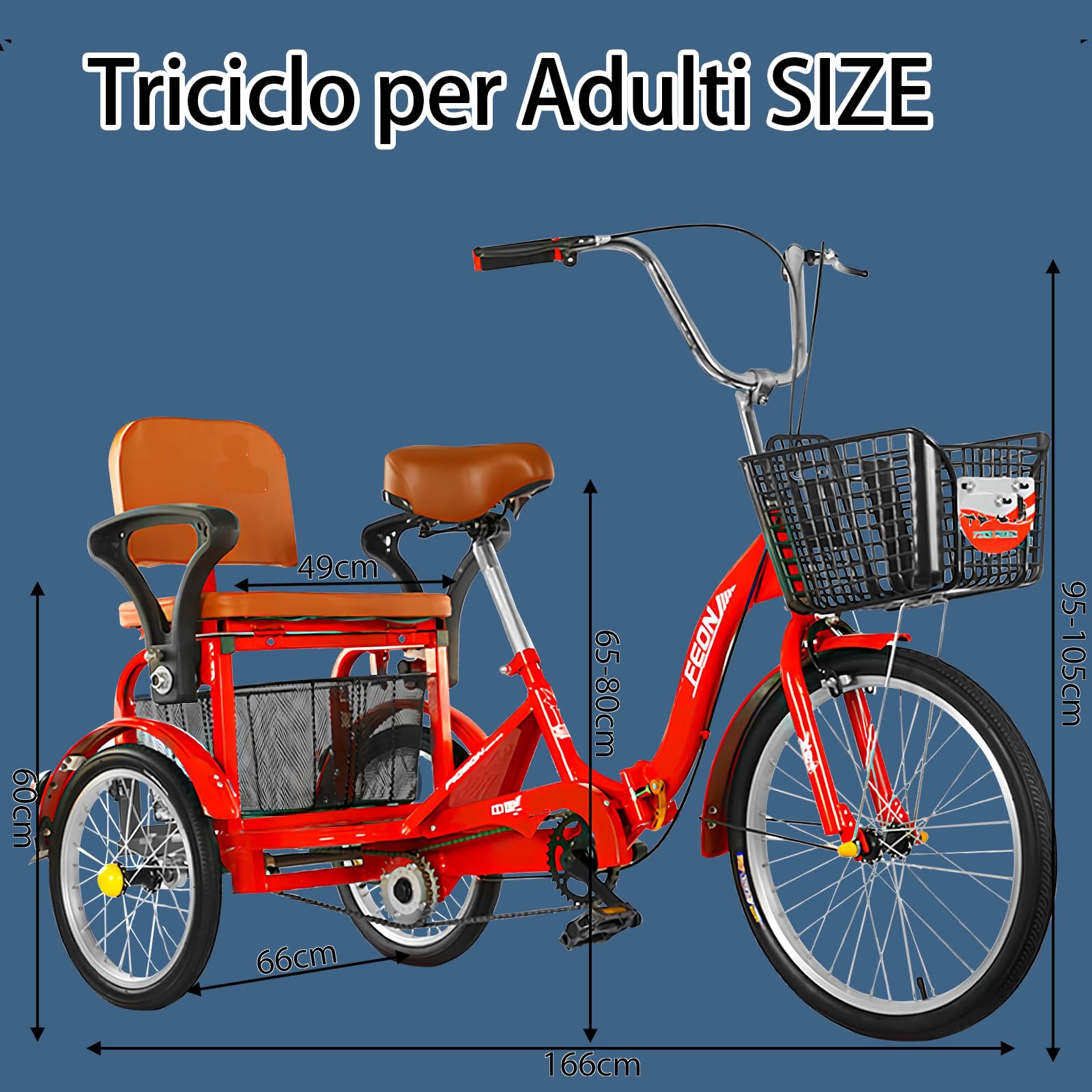 Triciclo pieghevole per adulti da donna, 20 pollici, 2 posti con sedile posteriore e cestino allargato, portata massima 390 libbre, telaio in acciaio ad alto tenore di carbonio.