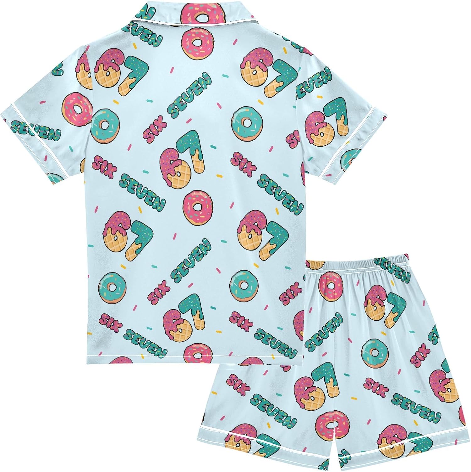 Six Seven Donut Blue Button-Up Satin Pajama Set,Cute Pajama Short Sleeve Shirt and Shorts, Soft Silky Summer Sleepwear