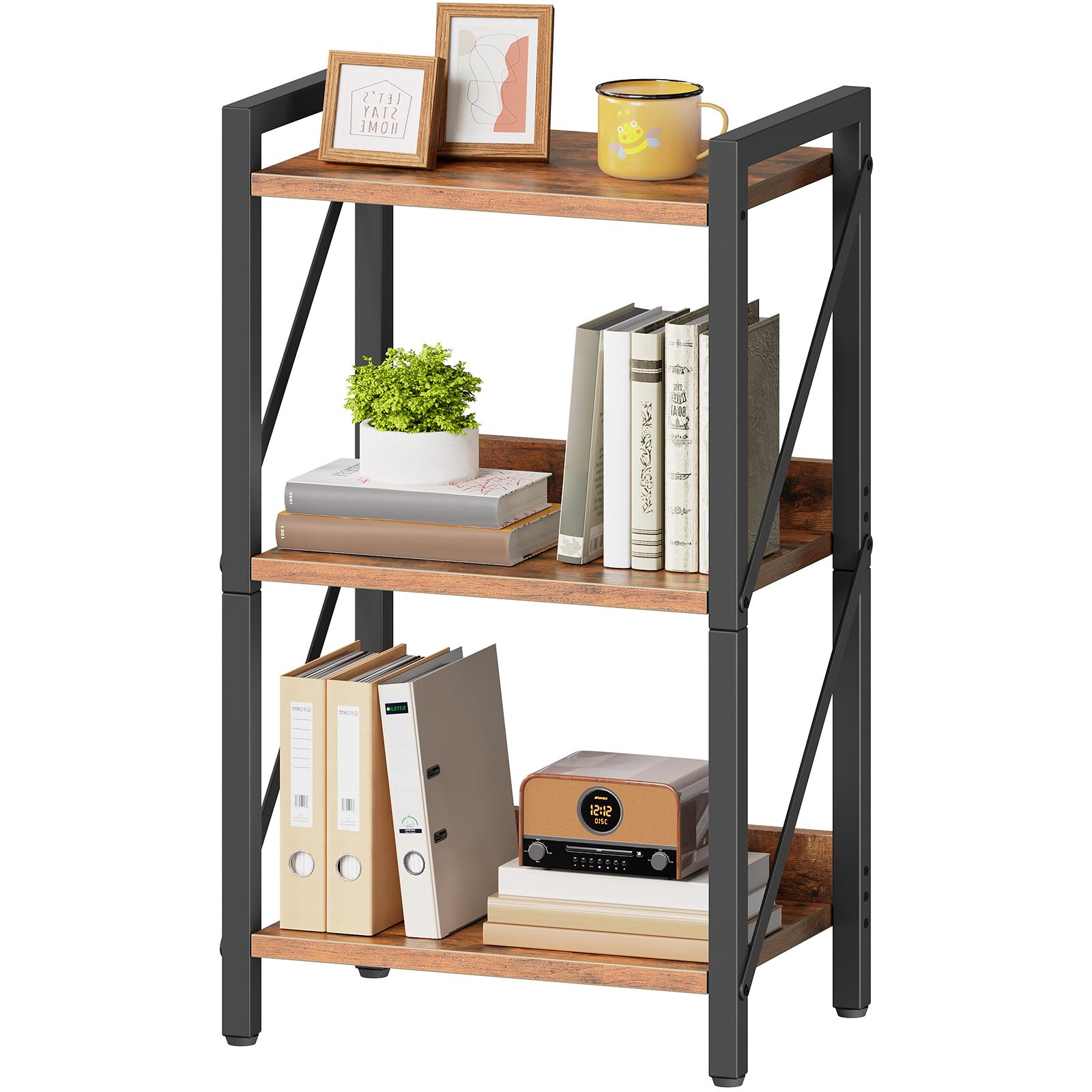HOOBRO 3-Tier Bookshelf, Industrial Corner Bookcase, Display Rack, Metal Frame, for Living Room, Bedroom, Office, Kitchen, Entryway, Rustic Brown and Black EBF71SJ01