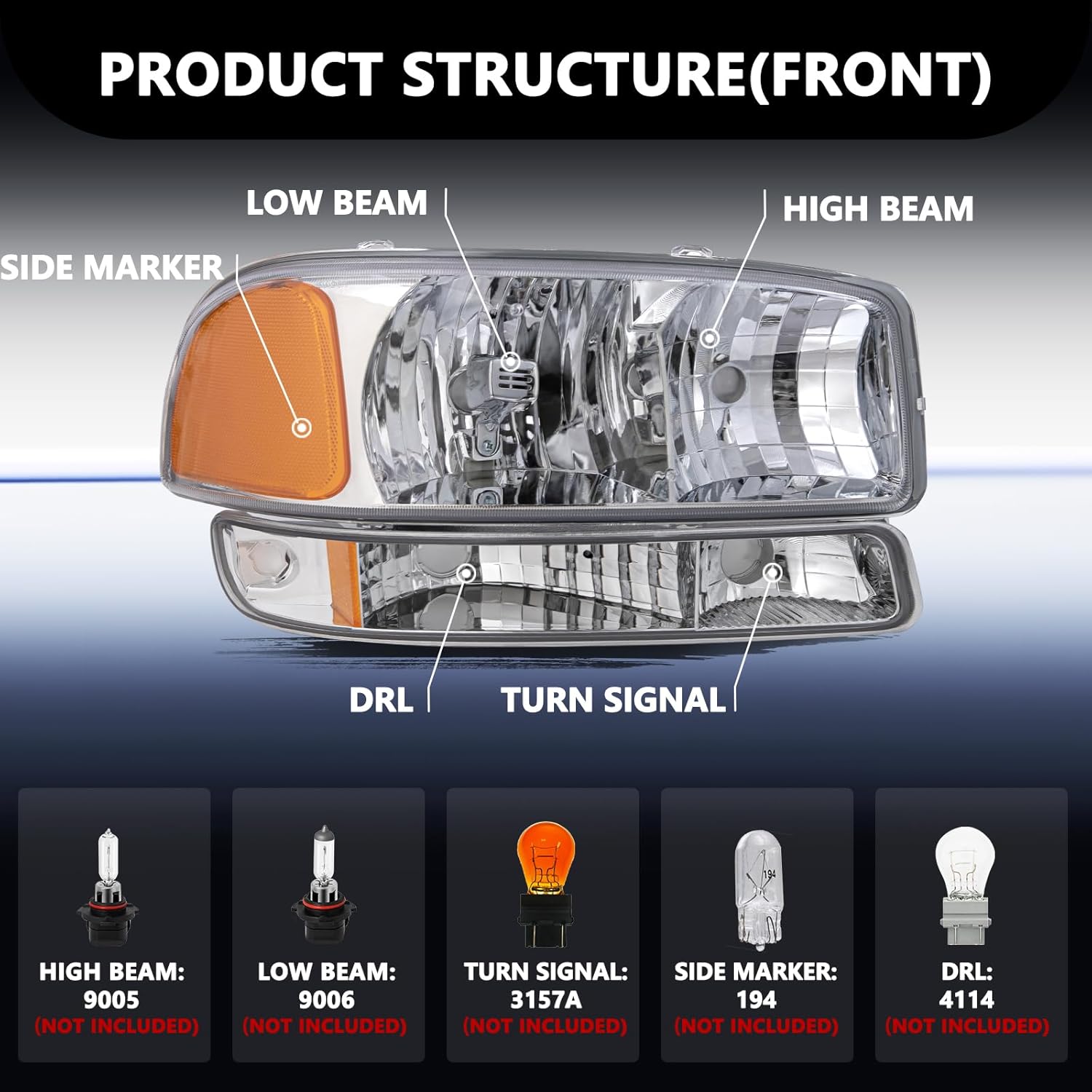 Aosky 4 PCS Headlight Assembly Fits 1999-2006 GMC Sierra 1500 2500 3500/00-06 GMC Yukon XL Halogen Pair Set Chrome Housing & Amber Reflector NOT FIT Denali Model