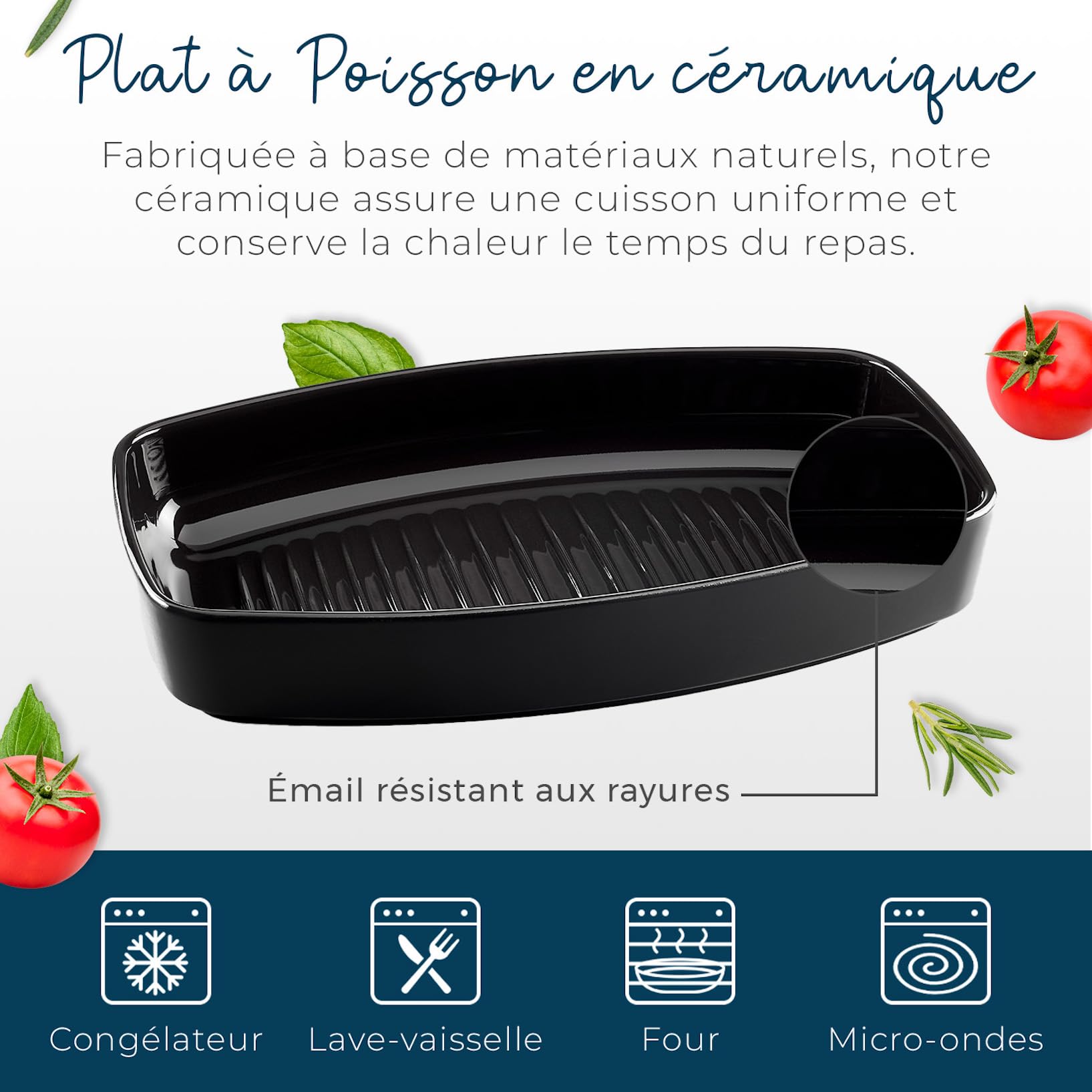 ESPRIT DE CUISINE - Plat À Four Poisson En Céramique - Cuisson Homogène - Émail Résistant Aux Rayures - Facile À Nettoyer - Made in France - 4,2L - 40x25x6,5cm Extérieur - Fusain Mat Noir