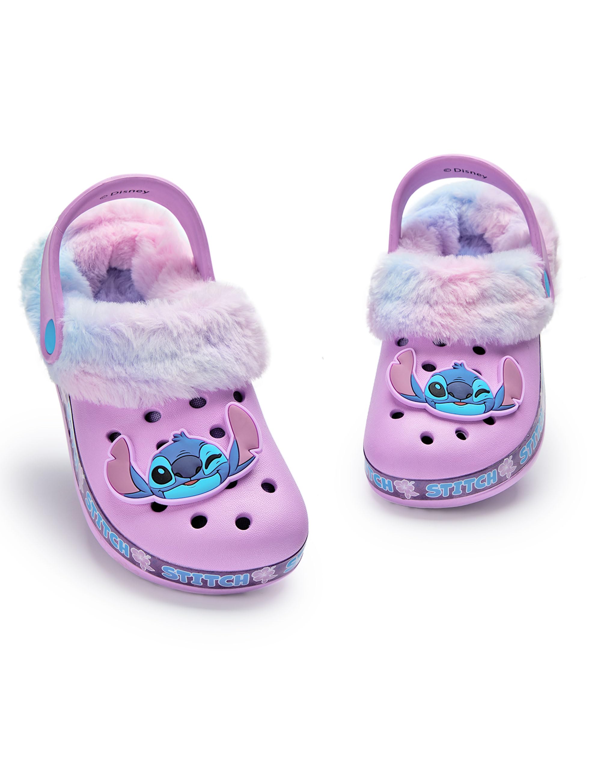 Disney Lilo & Stitch Girls Sabots | Slip-Ons en Caoutchouc pour Enfants avec breloque de Personnage Stitch en Violet | Sandales doublées de Fourrure pour Enfants avec Bride de Talon et imprimé Fleur