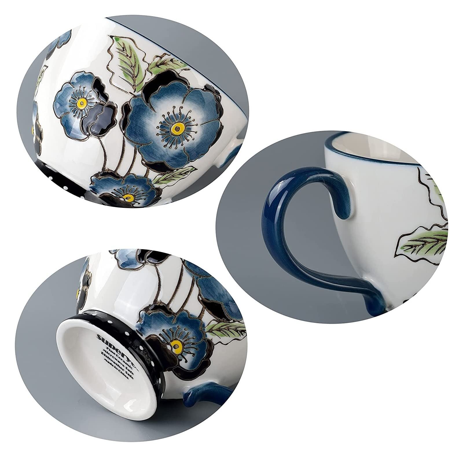 Filiżanka Kawy Ręcznie Kwiatowy Ceramiczny Kubek Do Kawy Zestaw 4 Kubków Latte do Herbaty Cappuccino, Kakao, Mleko i Woda Biały Matowy Szkliwiony Kubek z Uchwytem (Kolor: Pączek Kwiatu 4 Sztuk