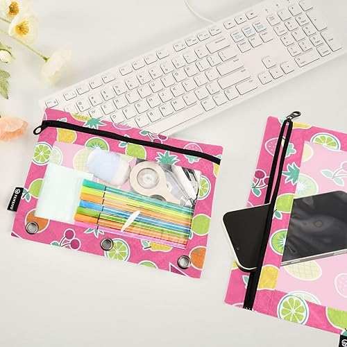 Miniatura 4 de Wudan Estuche para lápices de 3 anillos con 3 anillos de frutas tropicales, impermeables, de plástico transparente, con cremallera, organizador de