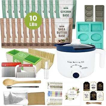 PIUH Soap Melter with 10 Lbs Soap Base, 10 Lbs Soap Base Making Kits for Adults Including Soap Melter, 3 Molds, Clear & White Soap Base and Soap Packaging Supplies for Beginners Making Soaps