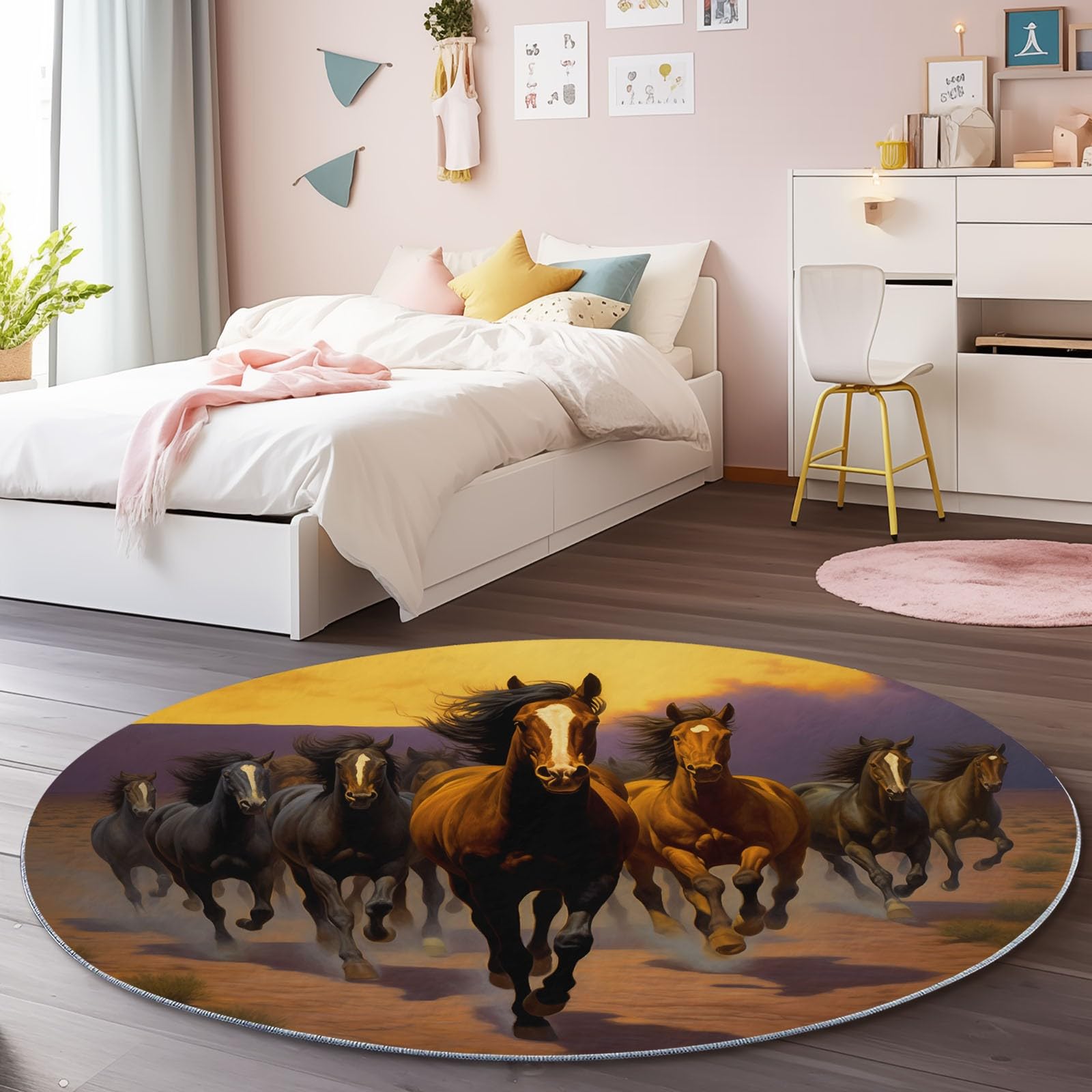 Tappeto Rotondo da 150 cm a Pelo Corto, con Stampa di Animali (Cavallo), Antiscivolo e Anti-Perdita di Pelo, Ideale per Soggiorno, Camera da Letto, cameretta dei Bambini, Ufficio e