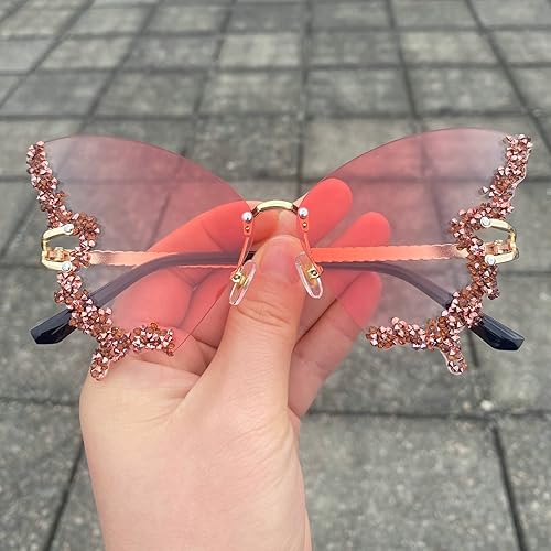 Vista 6 de Gafas de sol de lujo con diseño de mariposa de diamantes de imitación para mujer, estilo vintage, sin marco, de gran tamaño, con diamantes
