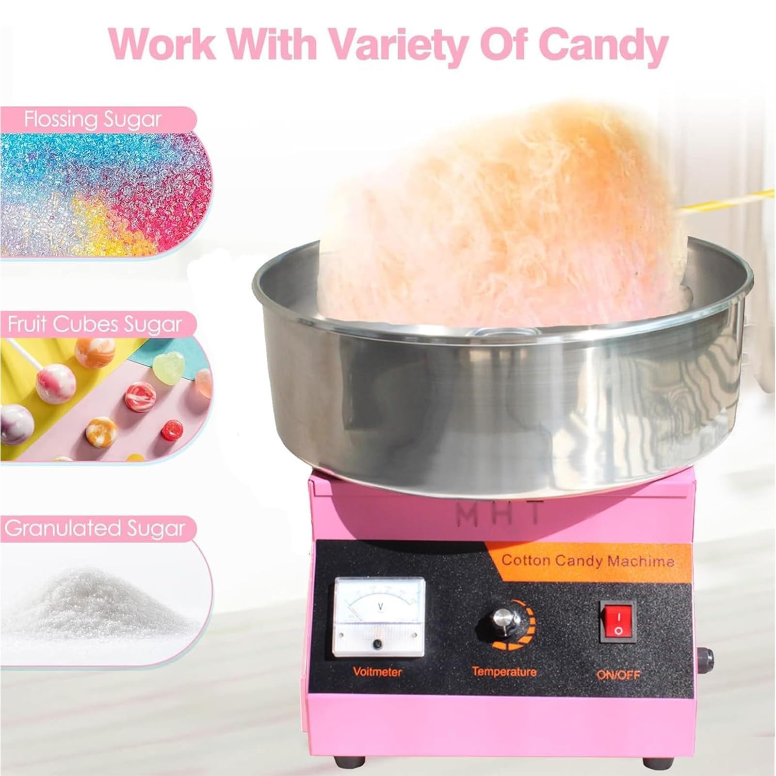 Máquina Comercial para Hacer algodón de azúcar, 1000 W, eléctrica, con Cuchara de Acero Inoxidable, Temperatura Ajustable de 50-300 °C y Pantalla de Voltaje, Ideal para cumpleaños