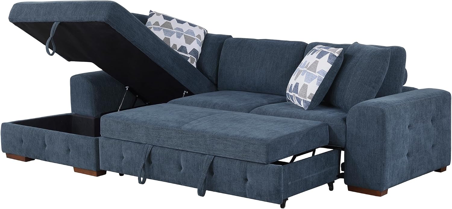 Lexicon Sectional Couches for Living Room, Chenille Fabric Sleeper Sofa, L Shape Sectional Couch with Left Storage Chaise and Pull Out Sofa Bed, 3 Seater with Ottoman, Blue