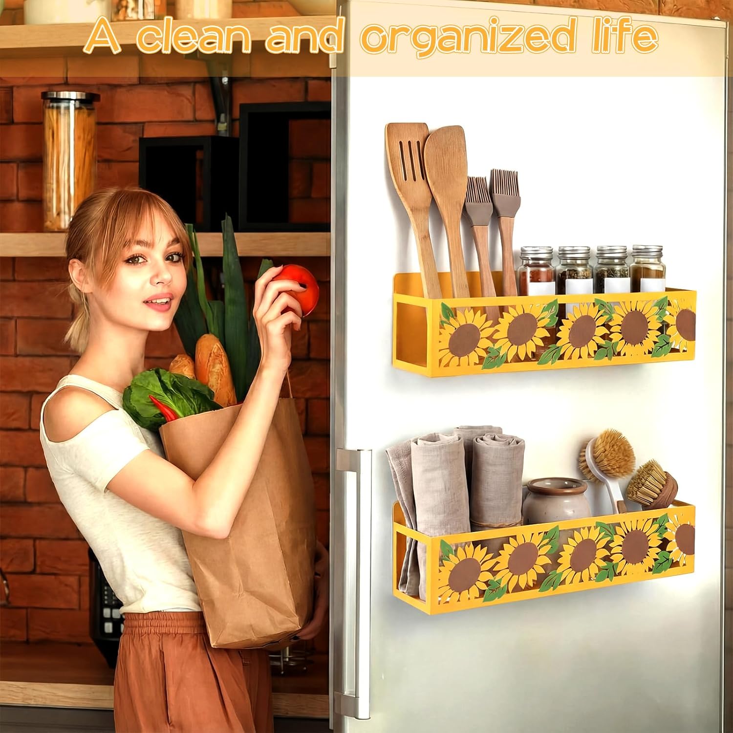 Beeveer 2 Pack Magnetic Spice Rack for Refrigerator Metal Magnet Basket Shelf for Fridge Seasoning Storage Organizers Home Decor Kitchen Accessories (Sunflower)