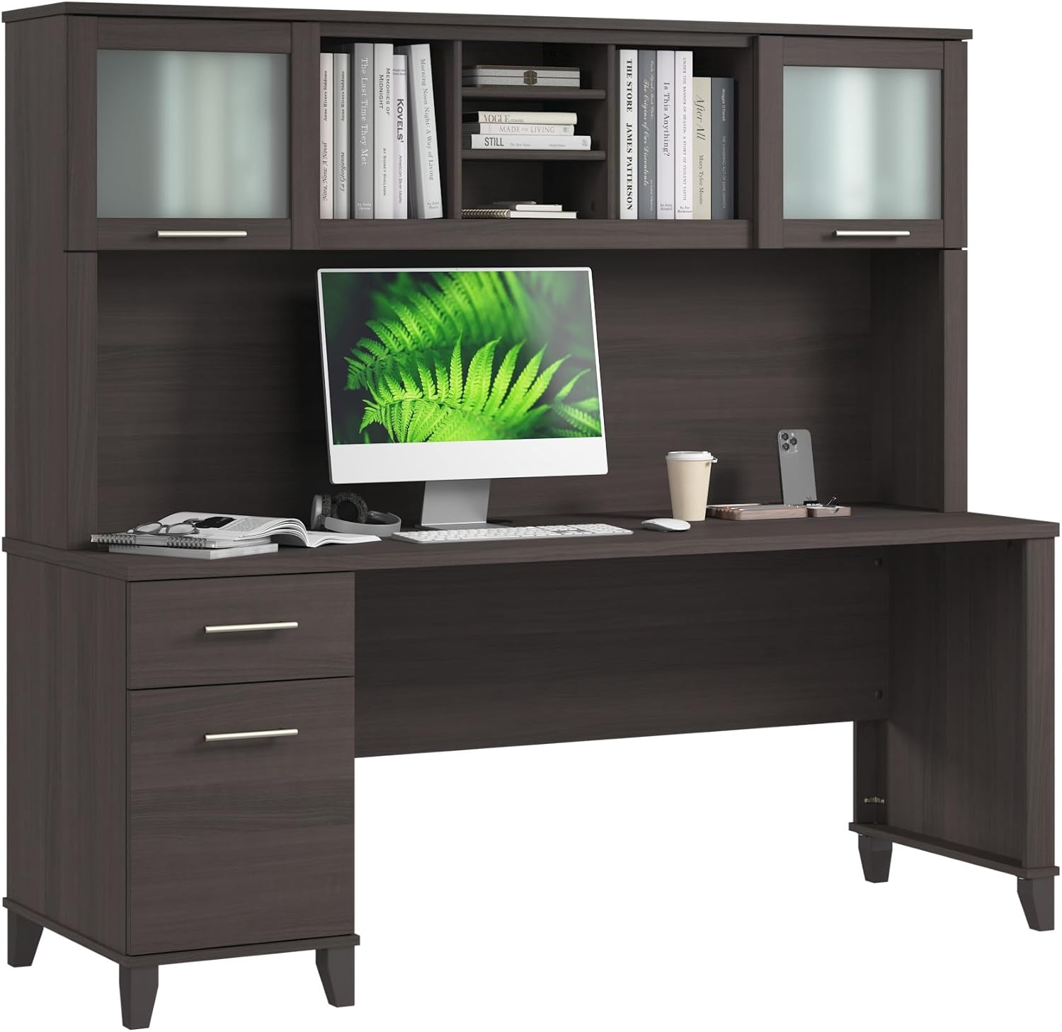 Bush Home 72-Inch Office Desk with Drawers and Hutch, Computer Desk with File and Box Drawers, Shelves and Storage Cabinet, Home Office Workstation, Somerset Collection, Storm Gray